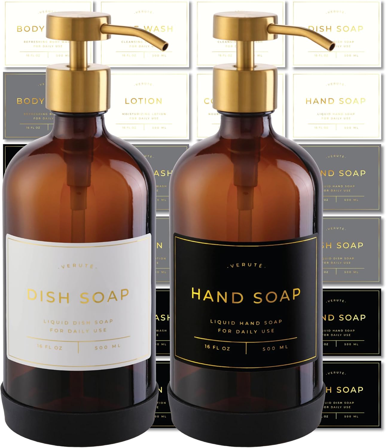 16oz Glass Soap Dispenser with Stainless Steel Pump, 21 Waterproof Labels, Non-Slip Protective Silicone Pad, Set of 2 for Bathroom & Kitchen (Amber Bottle/Brushed Gold Pump) 16oz Glass Soap Dispenser with Stainless Steel Pump, 21 Waterproof Labels, Non-Slip Protective Silicone Pad, Set of 2 for Bathroom & Kitchen (Amber Bottle/Brushed Gold Pump)