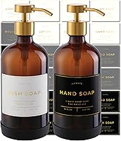 Hand and Dish Soap Dispenser for Kitchen and Bathroom, Set of 2 16 Oz Glass Bottles, Stainless Steel Pumps, Non-Slip Silicone Base, 27 Waterproof Labels (Amber Bottle/Brushed Gold Pump)