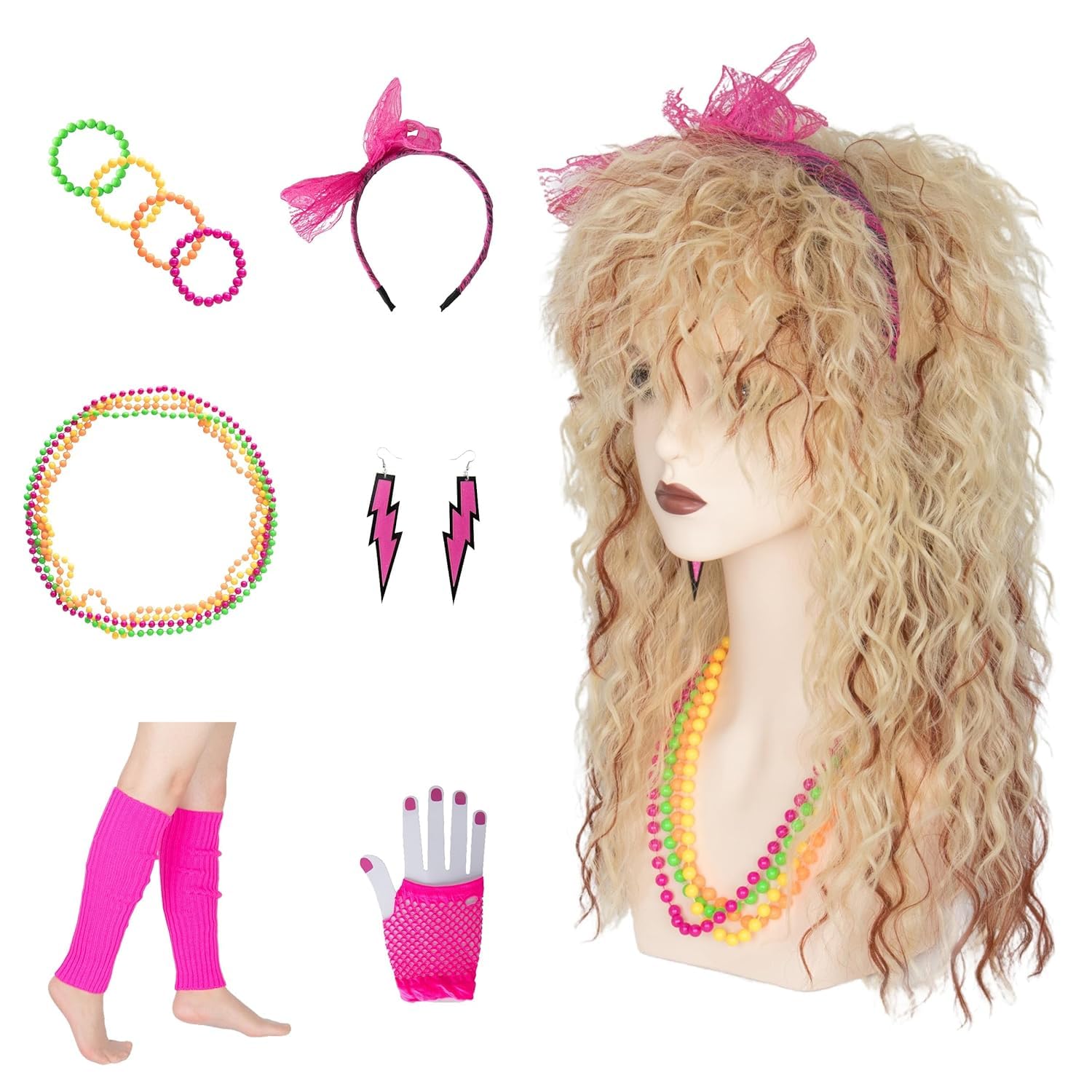 KASTWAVE 80's Party Wig for Women Rockstar wig Blonde with Brown 8pc Gloves Earrings Headband Necklace Halloween Cosplay Set