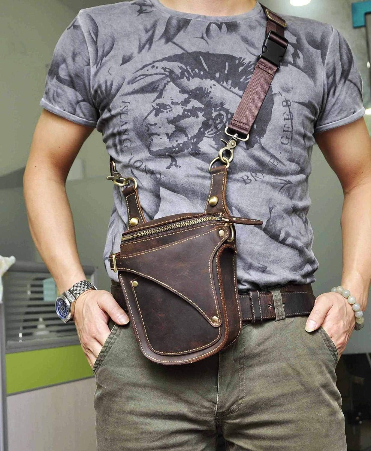 Pernera Moto Bolsa for La Pierna, for El Muslo, Cuero Elegante Unisex, for for Montar En Motocicleta De 7", Diseño Ventilador Viaje, Riñonera con Cinturón Yi(Dark Brown)
