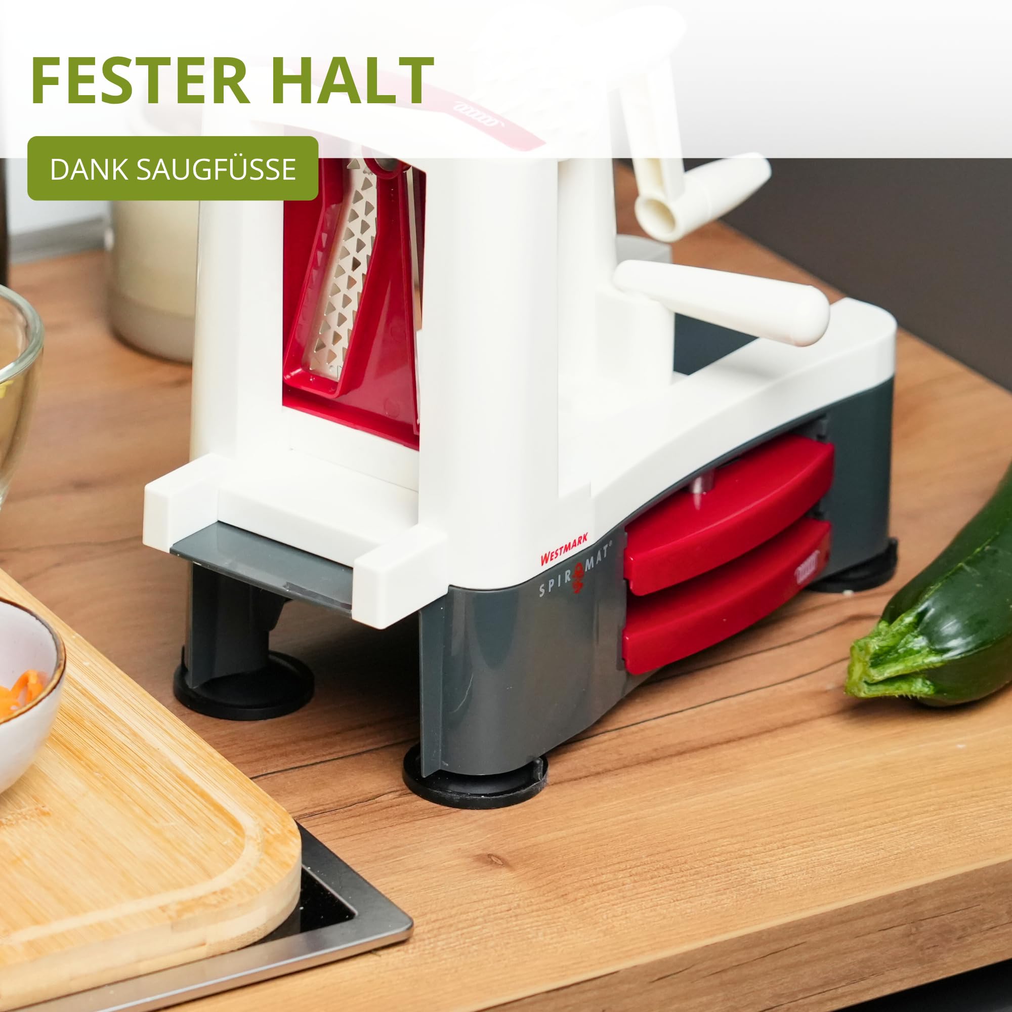 Westmark Spiralschneider im Set mit Sparschäler für Gemüsenudeln, Zoodles und Obstspiralen, Gemüseschneider mit 3 Schneideinsätzen Spiromat und Kartoffelschäler Gallant, 113322E6