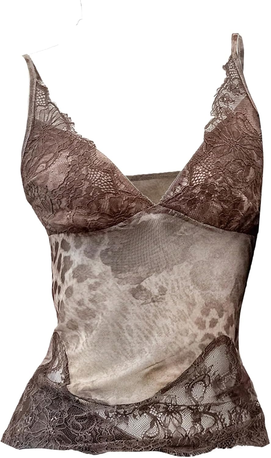 WDIRARA Women's Leopard Lace Cami Top V Neck Mesh Spaghetti Strap Camisole Tops