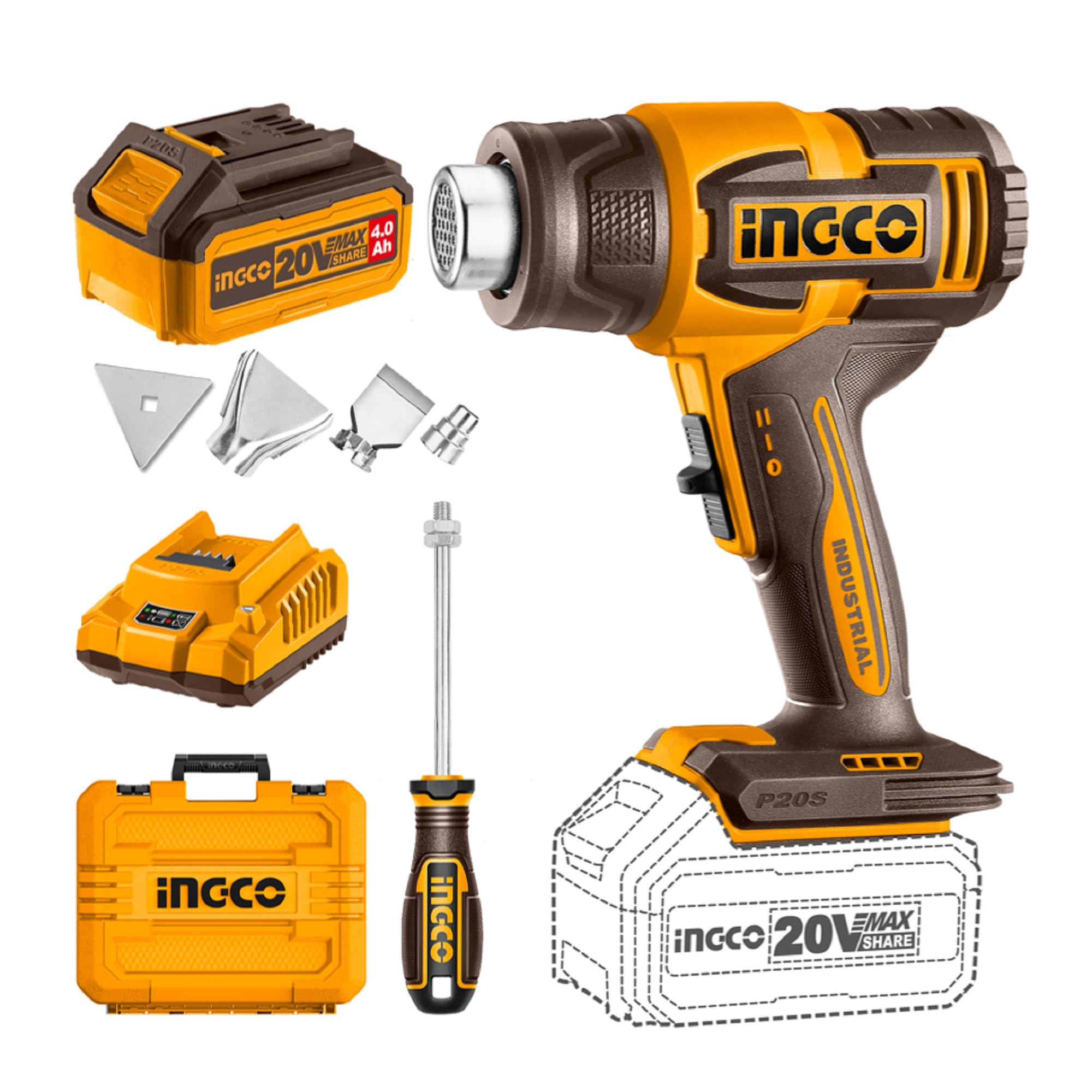 INGCO 20V Cordless Heat Gun, Hot Air Gun Max 1022°F (550°C), 100/200 L/min, Adjustable Temperature, with 1Pcs 4.0Ah Battery and Charger, Packed by Carrying Case-picture-35