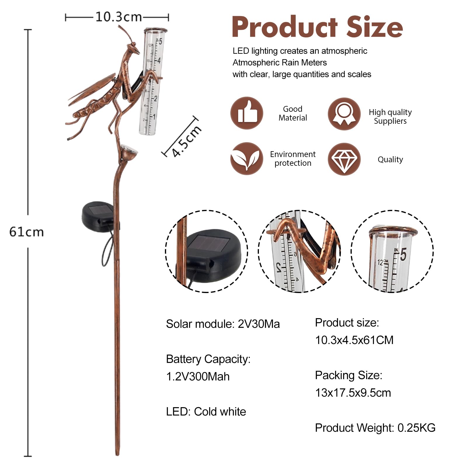 Pluviomètre solaire pour jardin, 61 cm, couteau de précipitation avec piquet, compteur d'eau de pluie décoratif, verre sur prise de jardin pour extérieur, pelouse, chemin, terrasse