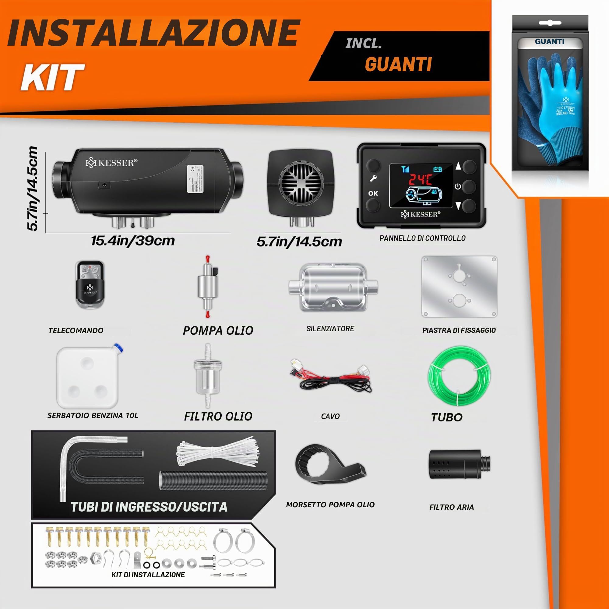 KESSER® Riscaldatore Diesel 8kW Riscaldamento Diesel 12V/24V con Timer, Display LCD e Telecomando | Riscaldamento Rapido | Riscaldatore d'Aria con Silenziatore e Termostato (Nero, 8KW)