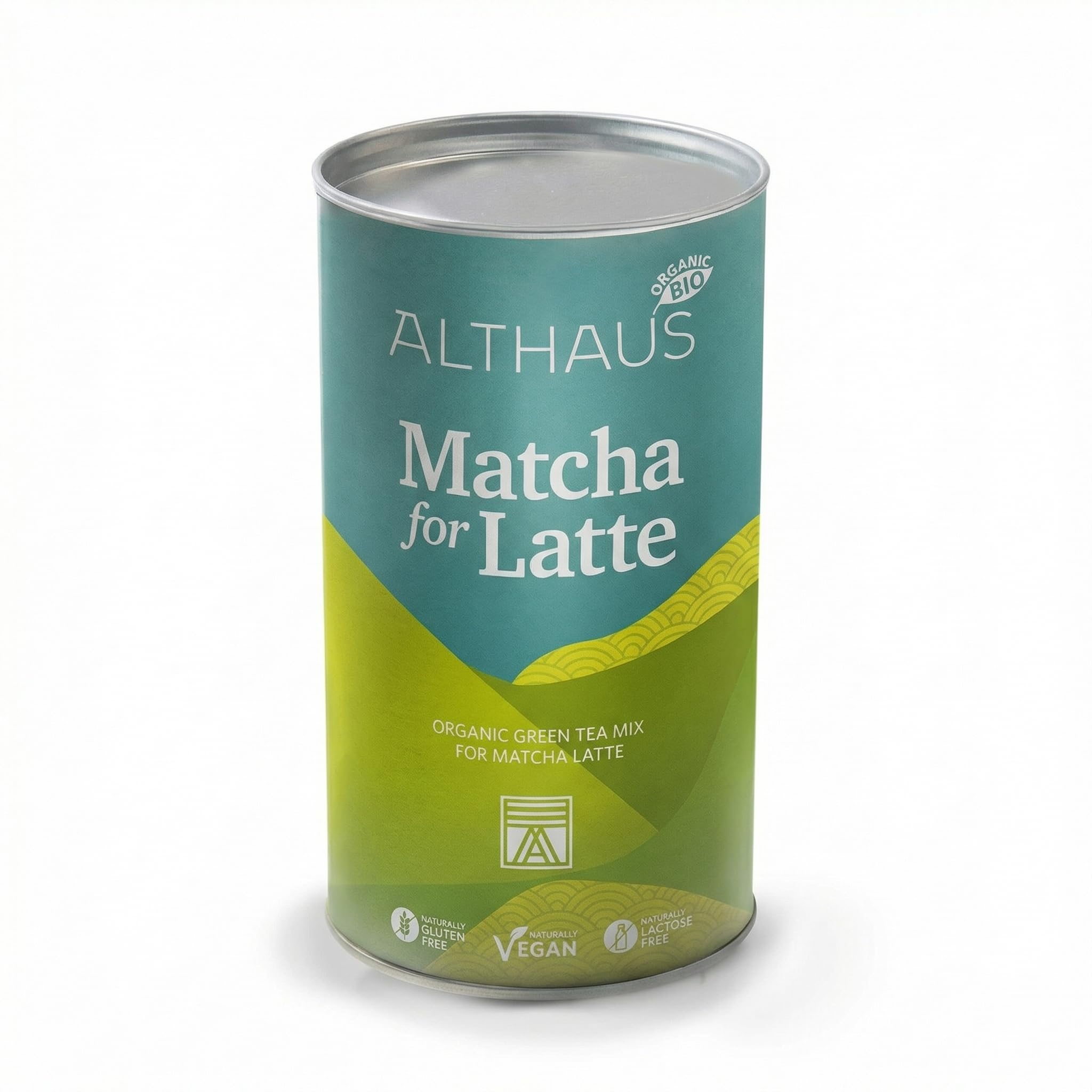 ALTHAUS Matcha Latte Pulver, Bio Grüntee-Mischung mit Rohrohrzucker, vegan glutenfrei laktosefrei, 400 g Dose, ca. 20 Portionen, mild-süßer Geschmack, schneller Genuss heiß oder kalt
