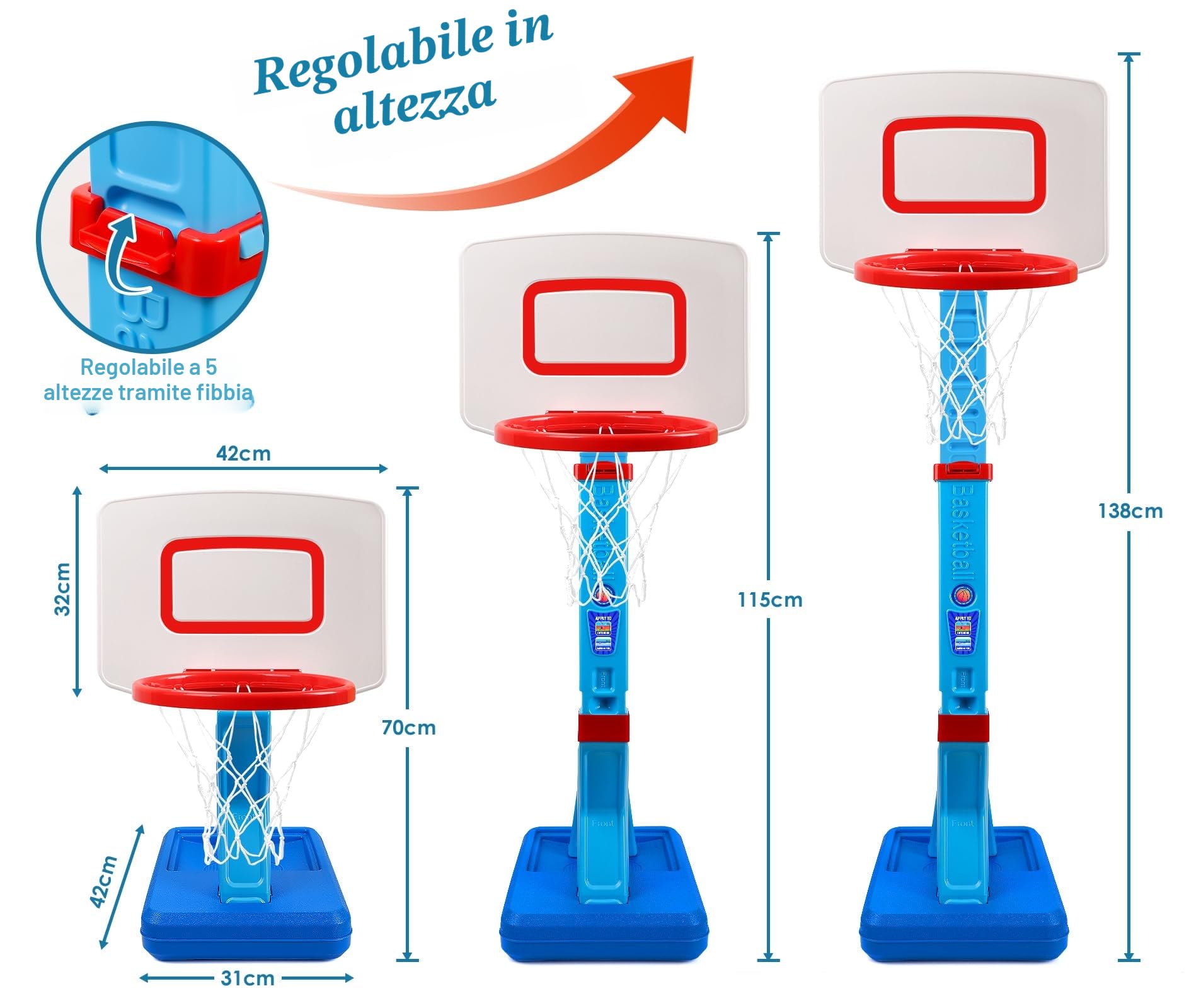 Canestro Basket Bambini - Esterno e Da Camera - Altezza Regolabile 70-138cm - Supporto per 3-7 Anni - Giochi Da Interno ed Esterno