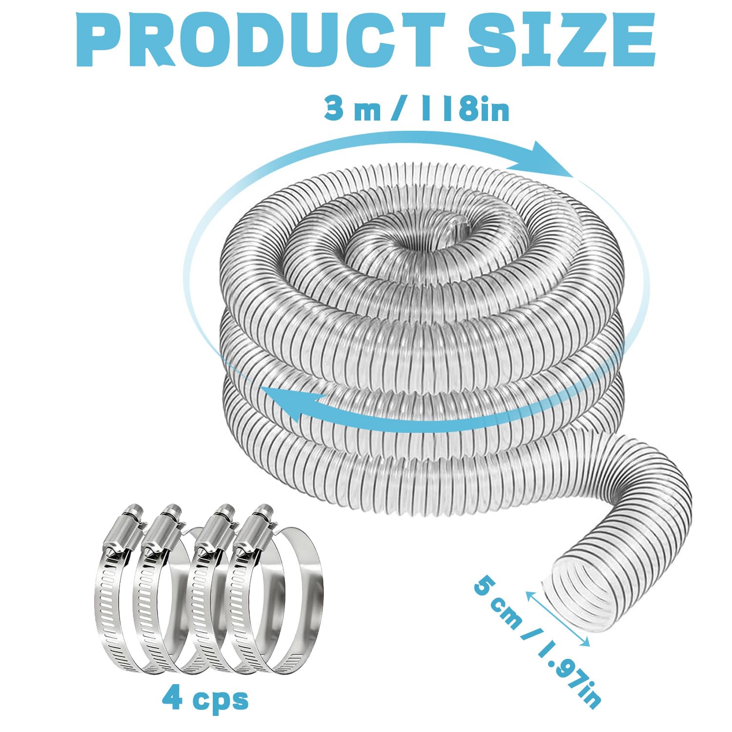 3M 50mm Transparenter PVC Staubsammelschlauch, Staubsaugerschlauch Absaugschlauch Staubsauger Schlauch Universal PVC Rohr Transparent Spiralschlauch für Werkstattstaubsauger Teichpumpe