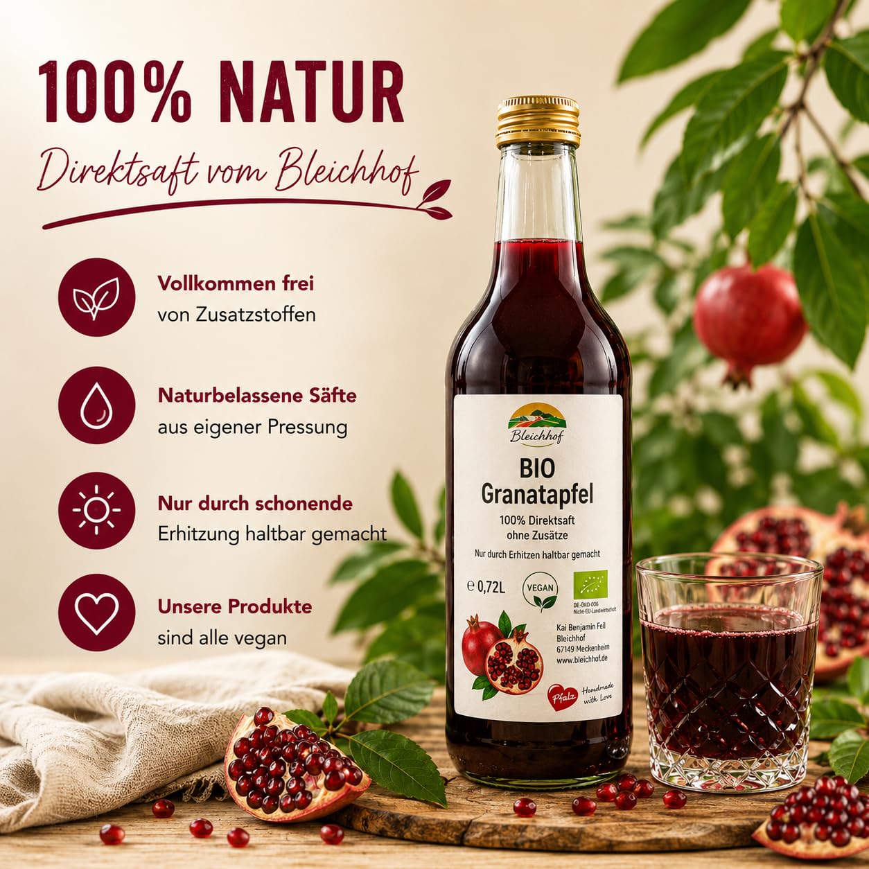 BLEICHHOF® Bio-Granatapfelsaft DE-ÖKO-006 -Direktsaft, vegan (12x0,72l)
