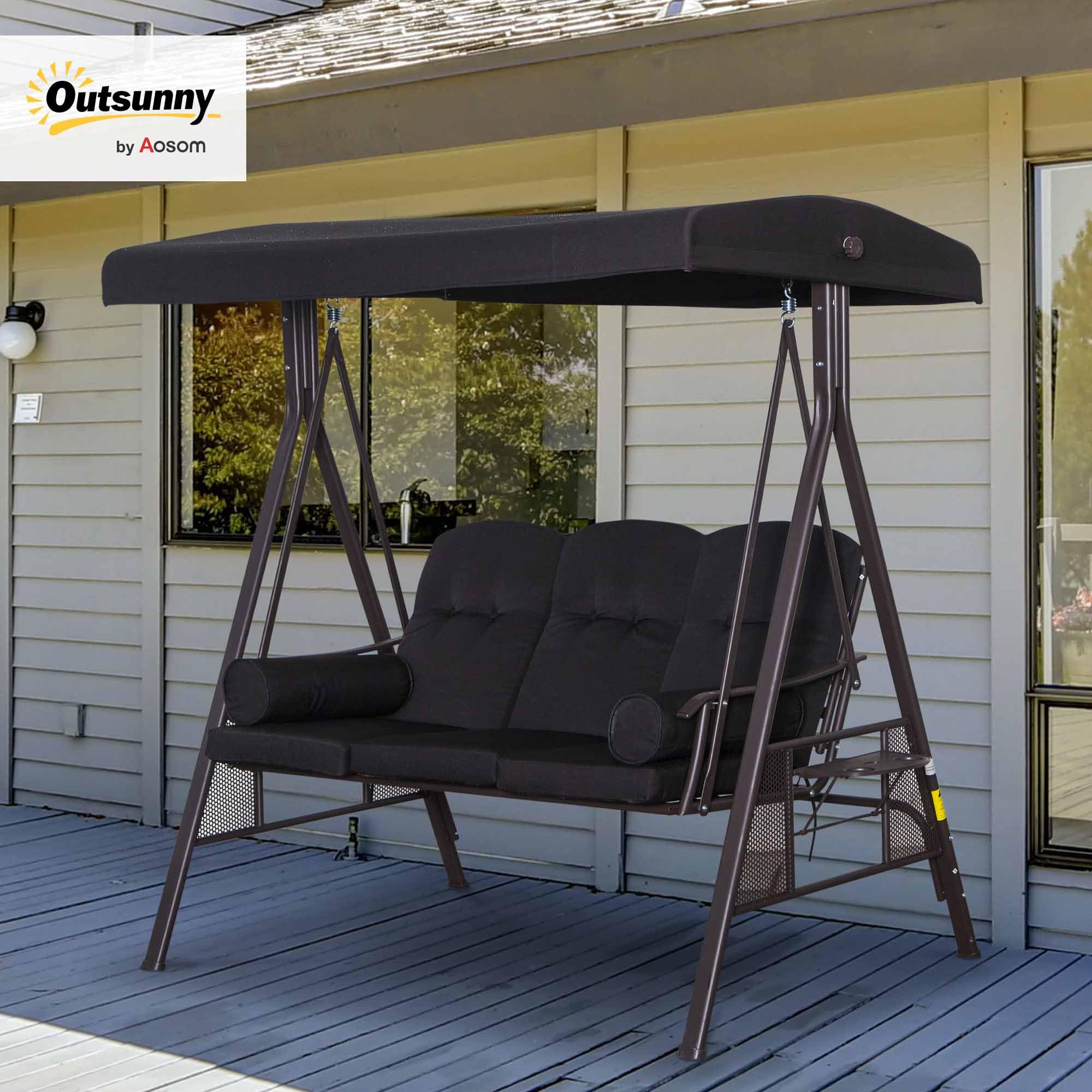 Outsunny Balancín de Jardín Exterior de 3 Plazas Columpio de Jardín Exterior con Toldo Curvo 2 Bandejas Laterales y 2 Almohadas de Brazo para Balcón Terraza Patio Carga 360 kg 206x116x183 cm Negro