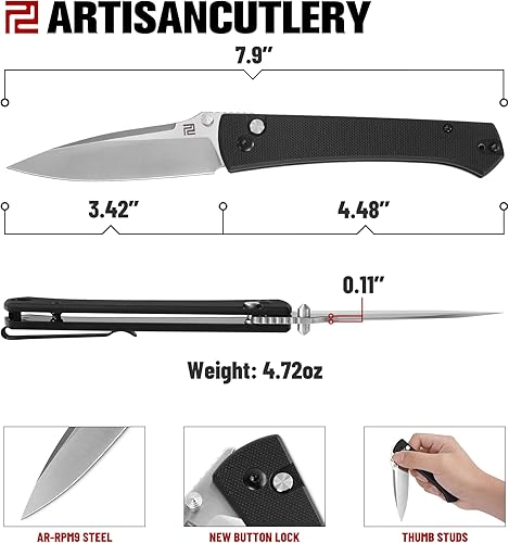Miniatura 2 de ARTISANCUTLERY Navaja de bolsillo plegable Andromeda(1856P) EDC Pequeño Cuchillo plegable con bloqueo de botón AR-RPM9 Hoja de acero y mango G10