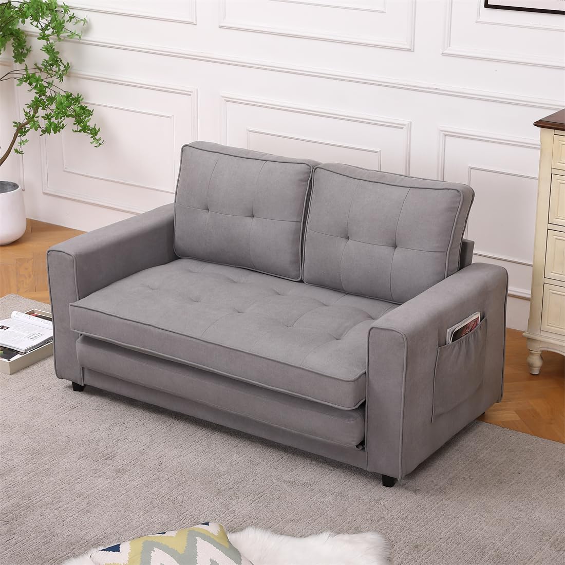 CanditreeUpholstered Futon Sofa, 3-in-1 Convertible Sofa Bed, Foldable Tufted Loveseat with Pull Out Sleeper Couch Bed Daybed for Living Room Apartment (Light Gray)