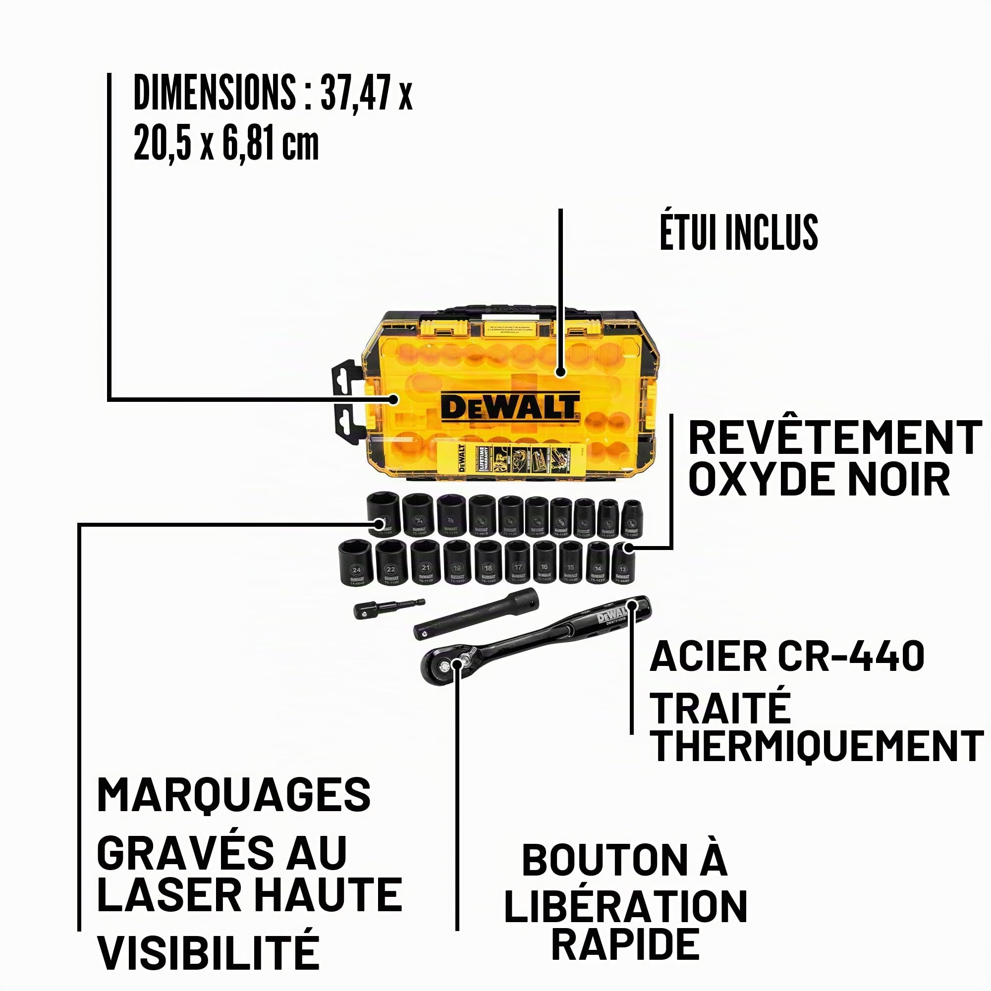 DEWALT DWMT74739 Coffret de douilles à choc 1/2" 23 pièces