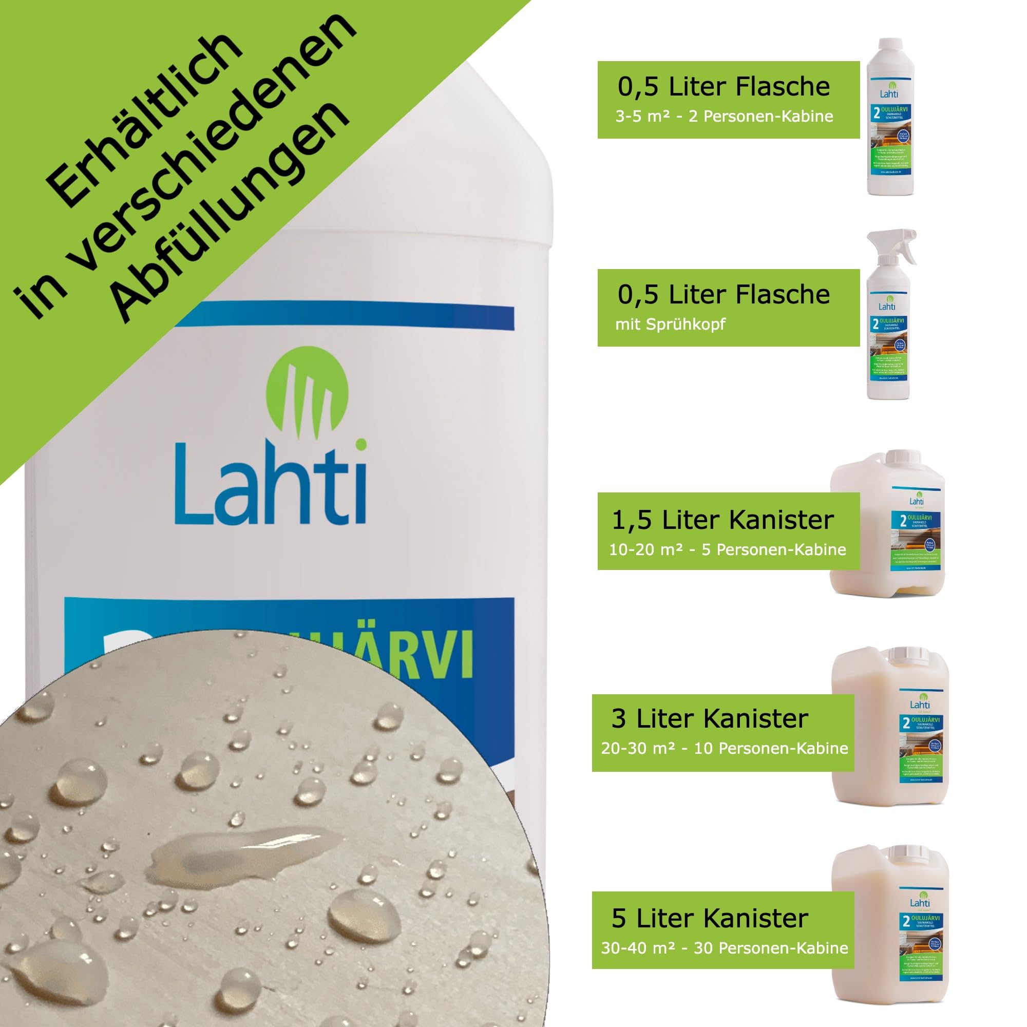 Lahti 2 OULUJÄRVI - Protección única para madera de sauna - Adecuado para todas las maderas - Evita manchas de agua y sudor - Protege contra la suciedad (0,5 litros con cabezal pulverizador)