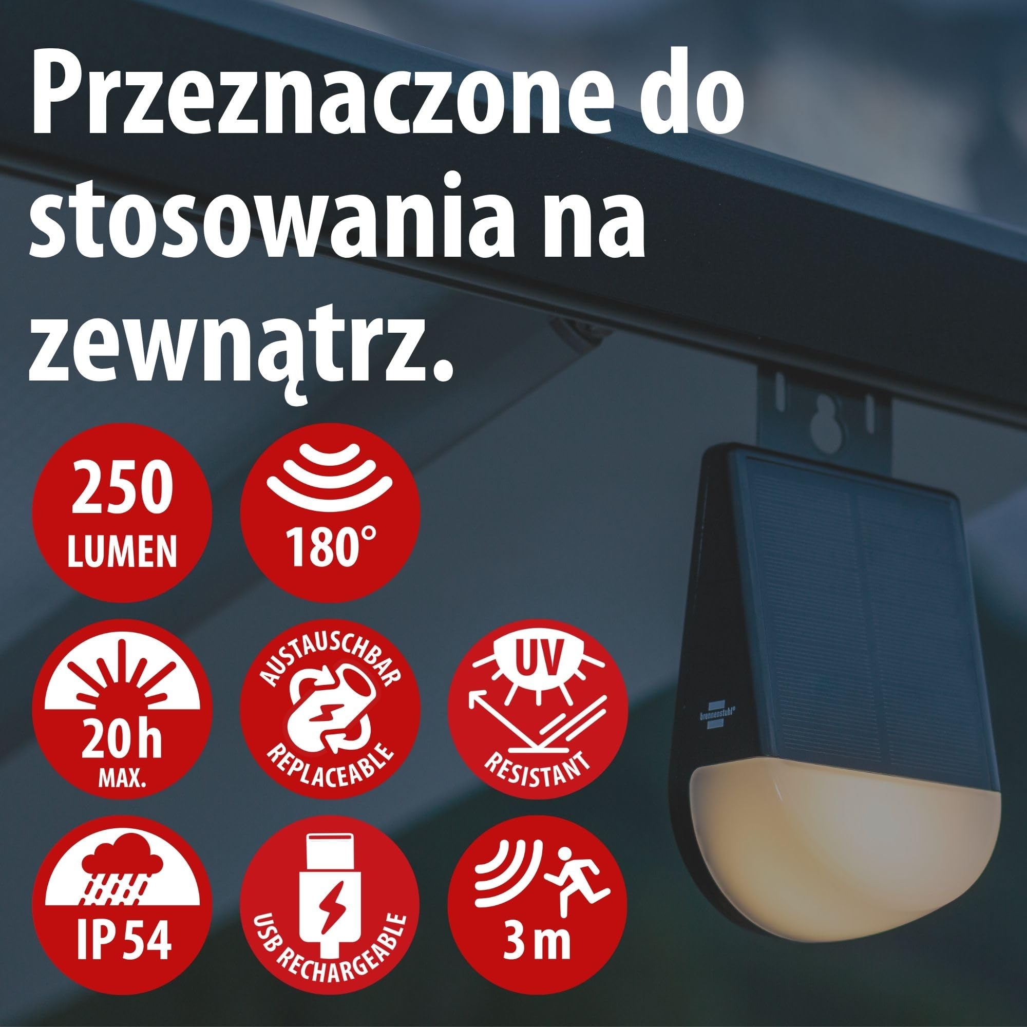 Brennenstuhl Lampa zewnętrzna LED na akumulator solarny KL 300 AS (250lm, kinkiet z czujnikiem ruchu, IP54, maks. czas świecenia 20 godz., adapter do szyny montażowej np. w przyczepie kempingowej)