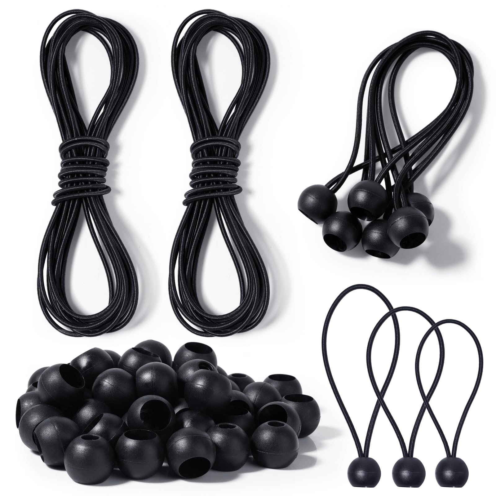 Ysimple 30 Pcs Bungee Cord with Balls, Black Bungee Balls with 2pcs 6M Elastic Cord