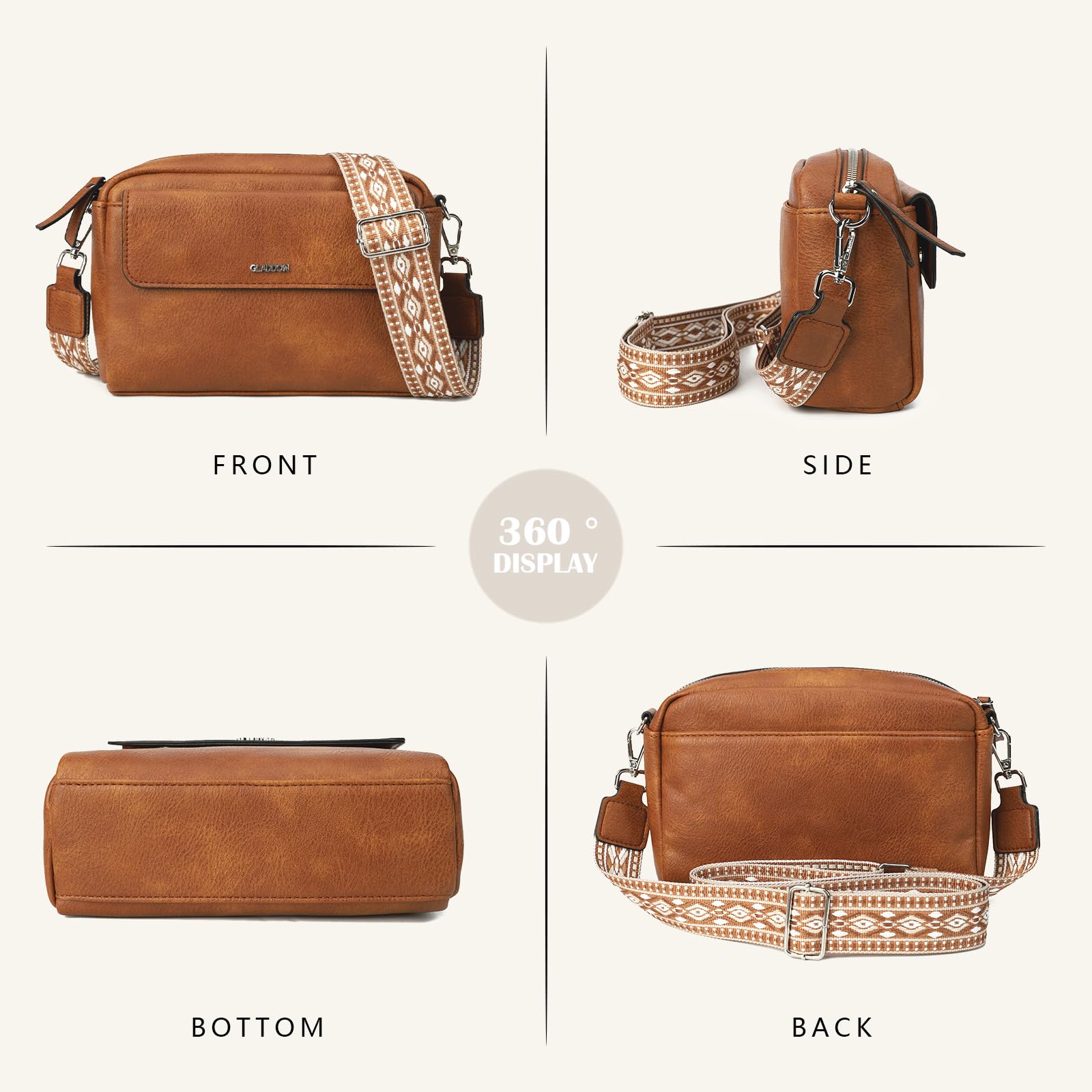 Gladdon borsa donna, borse piccola tracolla, borsa tracolla donna in pelle PU, con tracolla rimovibile, ampio nastro jacquard per uso quotidiano, regalo per le donne