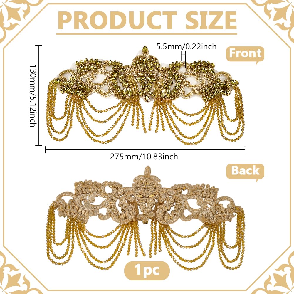 FINGERINSPIRE Strass Applikationsverzierung Mit Perlen 130x275x5.5mm Goldene Organza Blumenapplikation Mit Perlenkette Zum Aufnähen Strass Applikationen Für Hochzeitskleider DIY Zubehör Taillendekor