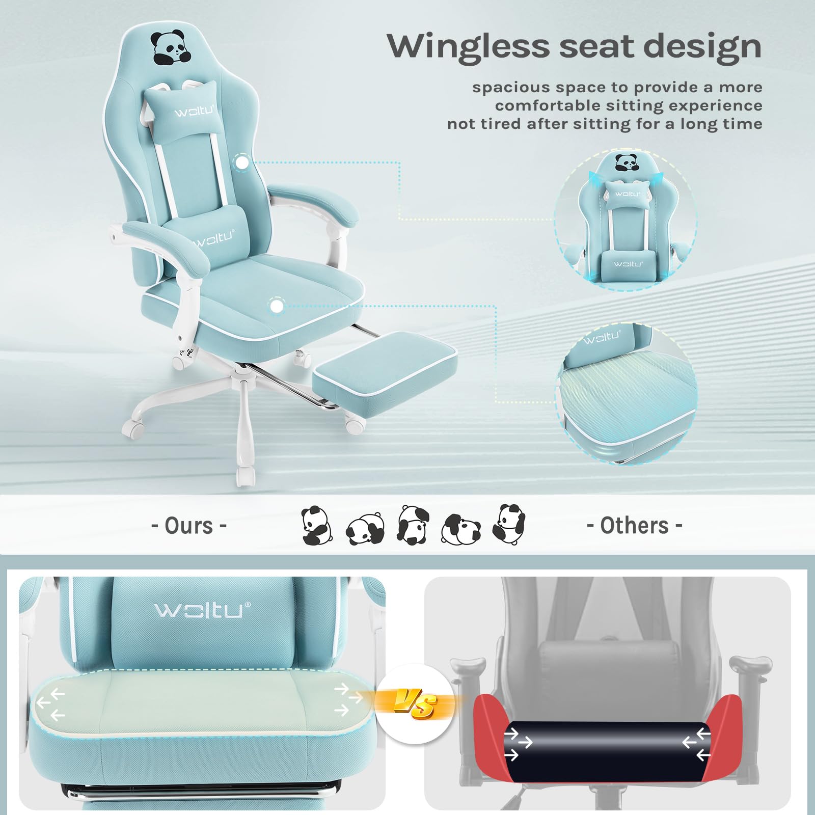 WOLTU Chaise Gaming, Fauteuil Gaming, avec Coussin à Ressorts Ensachés, Chaise Ergonomique, Charge 150kg, Appui-tête, Support Lombaire, Repose-Pieds, Tissu Maille, Bleu Clair