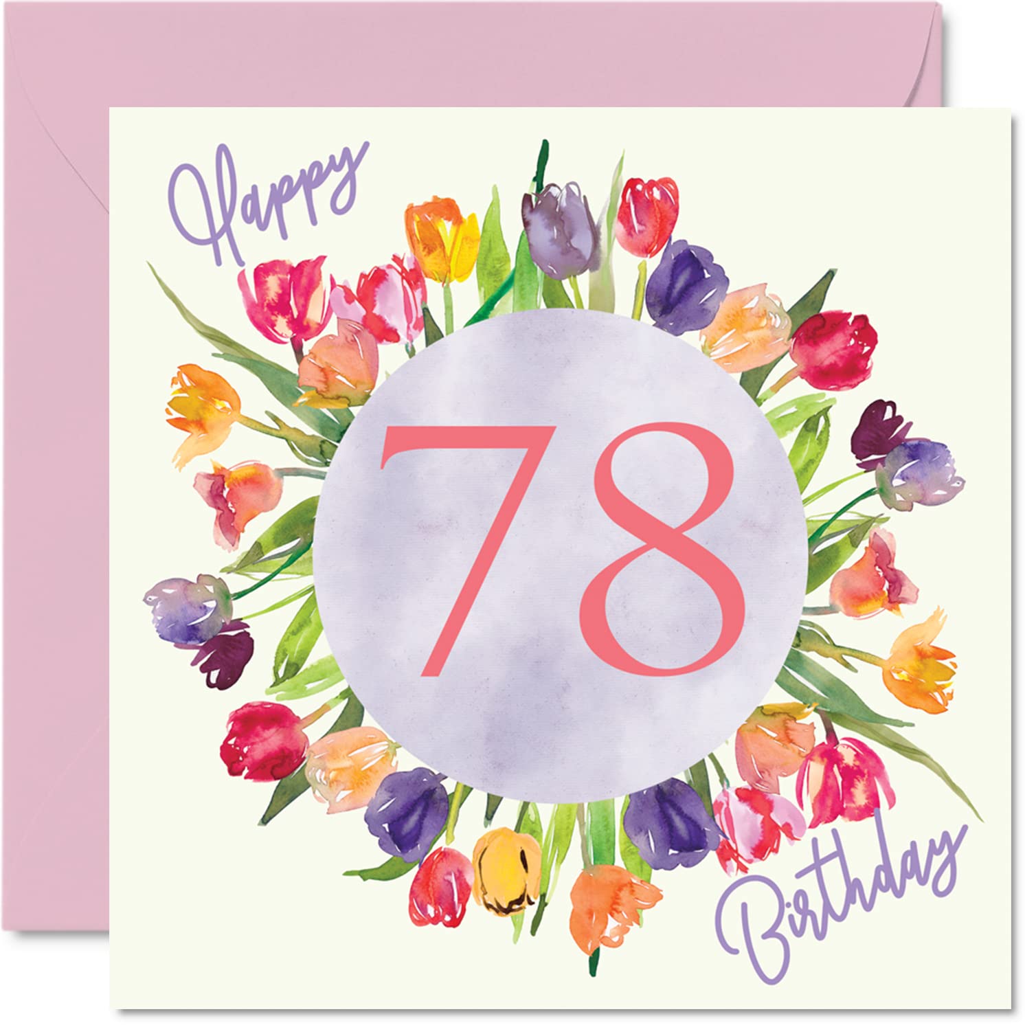 Beautiful 78th Birthday Cards for Women - Watercolour Tulips Flowers Bouquet - Happy Birthday Card for Her Grandma Nanny Gran Mum Gifts, 145mm Lovely Floral Greeting Cards Gift