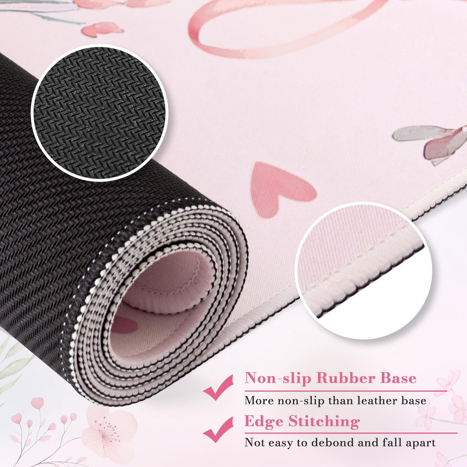 HAOCOO Cute Floral Desk Mat, Large Waterproof Mouse Pad, Girly Desk Matt for Desktop, 35.4" x 15.7" Non-Slip Keyboard Pad, Computer Mat with Stitched Edge, Office Decor Home Desk Accessories (): Pink Bow