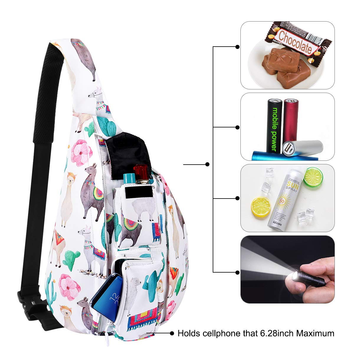 Sac de Poitrine Sport Multifonction - Sling à Bandoulière Crossbody pour Voyage, Travail, Étude, Escalade, Randonnée, Courir - pour Hommes, Femmes, Adolescents - Alpaga et Cactus, L