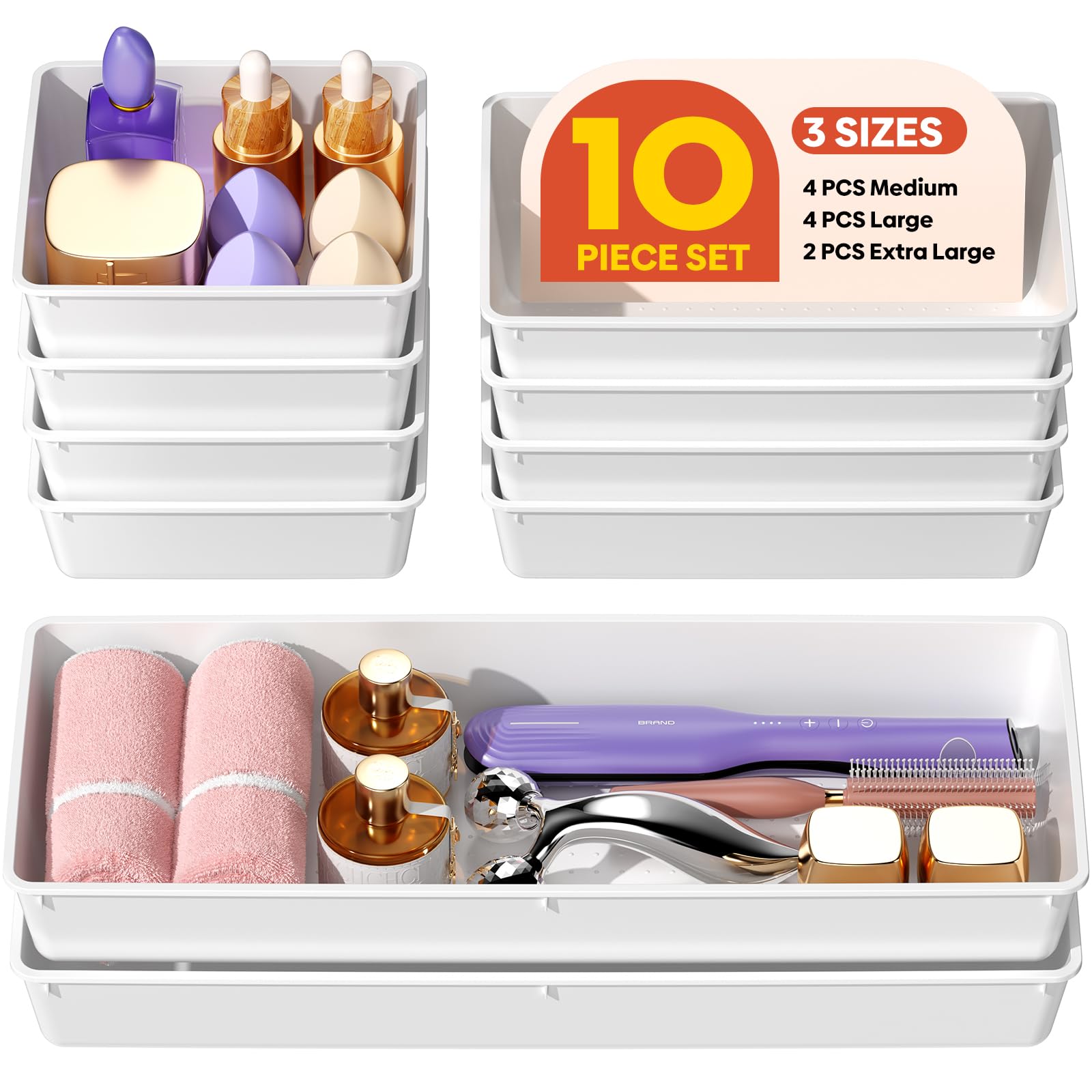 MLIKLU 10 Pack Large Size Plastic Drawer Organizers Set, 3 Sizes Desk Drawer Organizer Trays, Storage Bins for Vanity, Makeup, Bathroom, Kitchen