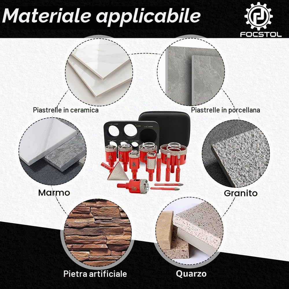 FOCSTOL Punte Diamantate Gres Porcellanato - Punte Trapano Diamantate per Piastrelle Ceramica 13 pezzi (6/8/10/25/28/32/35/45/65mm+50mm Punte per Smusso+20mm Trapano Fresa+6/6mm Punta in Carburo)