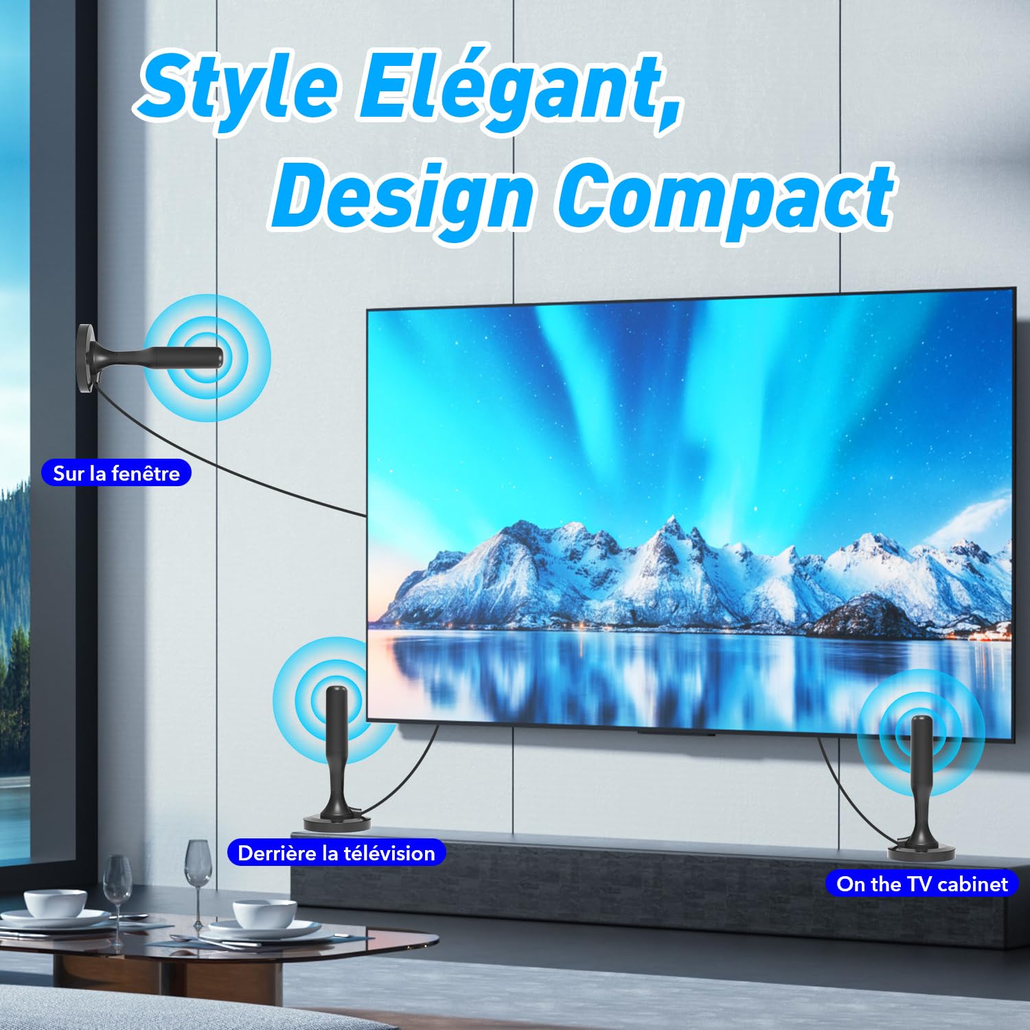 Antenne TV Intérieur Puissante, TNT HD 4K 1080P, Réception 360° Longue Portée 500km, Câble Coaxial 3m