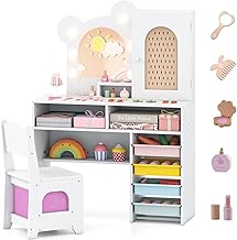 LIFEZEAL Children's Dressing Table with Lights, Girl Dressing Table with Mirror and Princess Chair with 5 Drawers and 2 Compartments One Wardrobe, Door Open Shelf, Makeup Table for Children (White)