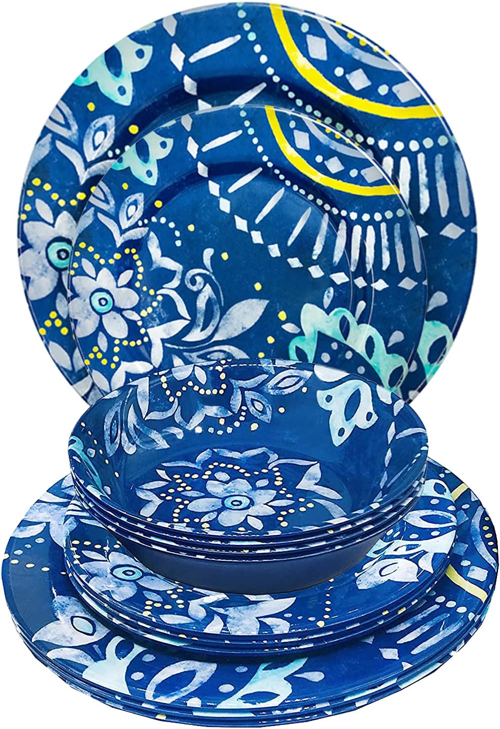 Set Of 12 Dinnerware Set (Mix Color Flower Pattern)