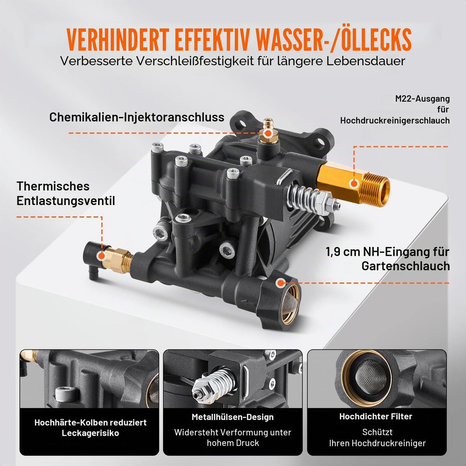 VEVOR Hochdruckreinigerpumpe, 3/4 Zoll Welle horizontal, 3500 PSI, 2,5 GPM, Ersatz-Hochdruckreinigerpumpen-Set mit 5 Düsen, Hardware und Siphonrohr, bis zu 150 Stunden, Hochdruckreiniger Ersatzpumpe