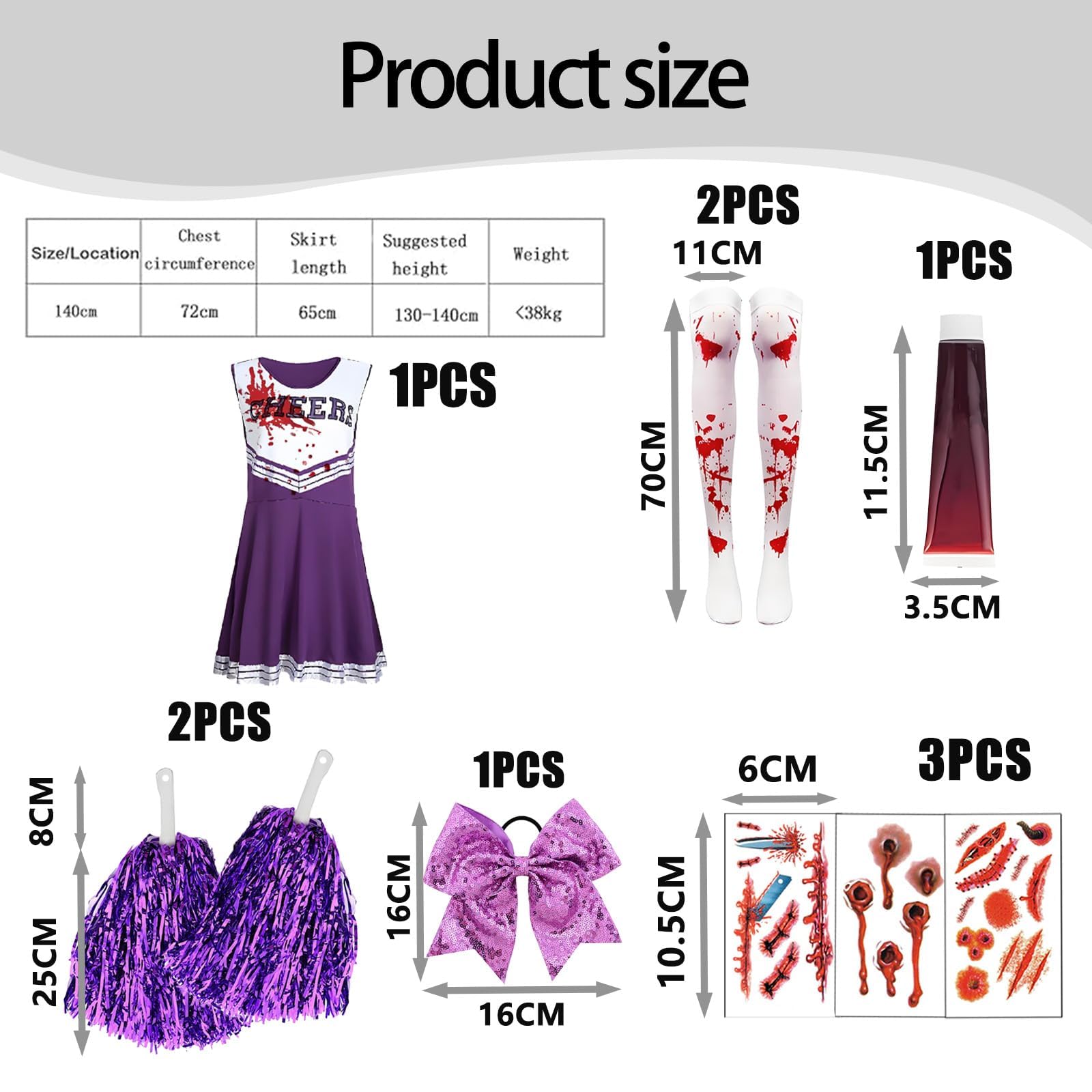 Syylqyr 9 Pcs Purple Zombie Cheerleader Costume Kit, Cheerleader Outfit Zombie Costume, Halloween Costumes - Image 2