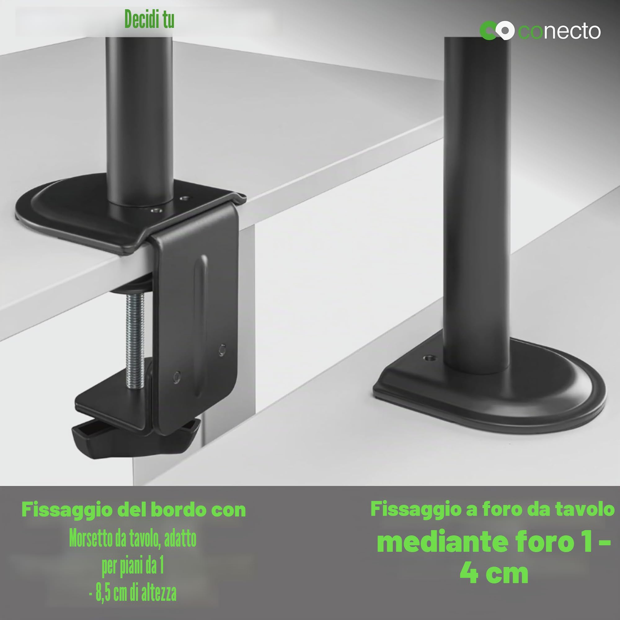 conecto Supporto per monitor regolabile in altezza per 1 schermo da 17 a 32 pollici, inclinabile e orientabile, VESA 75 e 100, supporto da tavolo, supporto per schermo, nero
