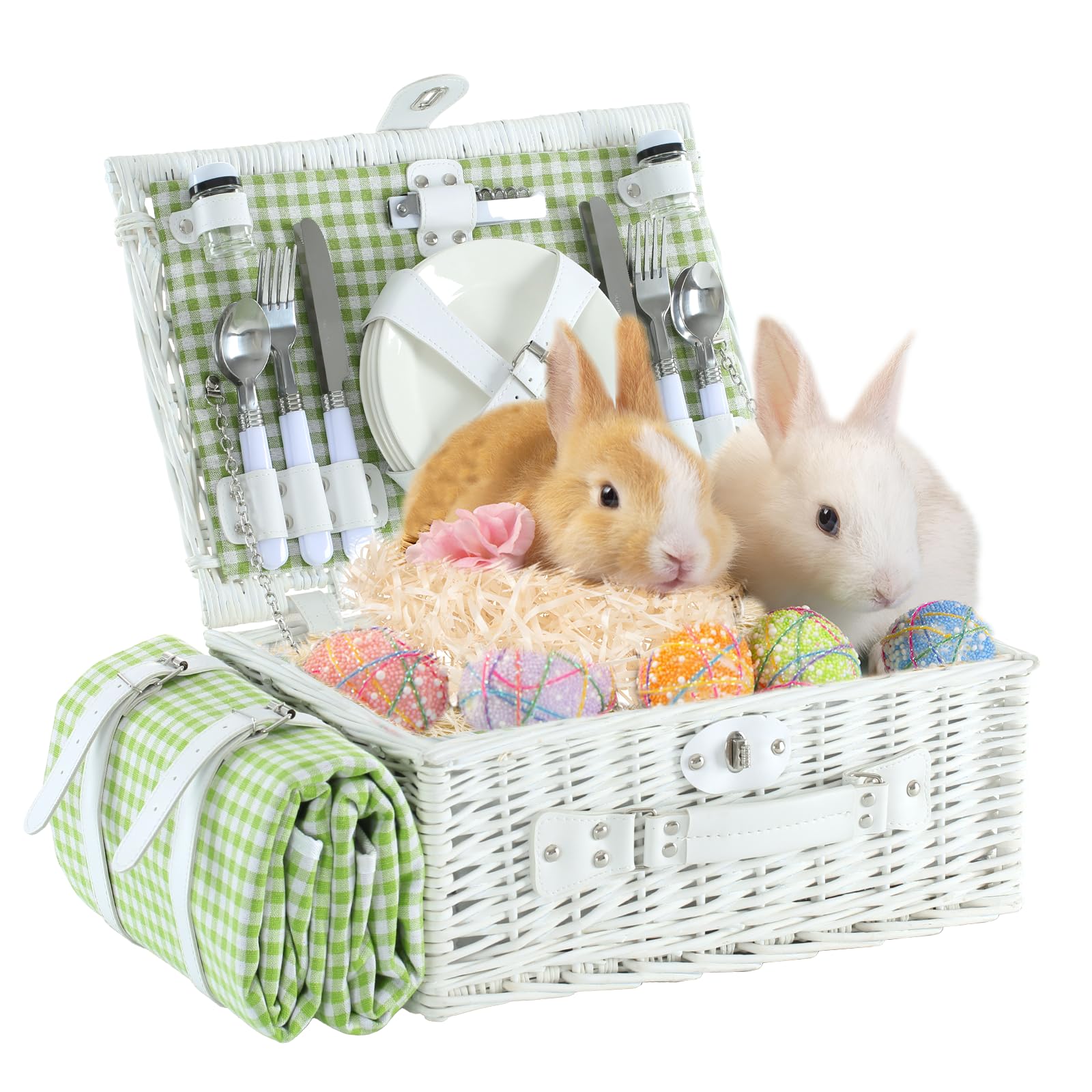 Photo 1 of YPshuye Picnic Basket Set for 4 with Waterproof Blanket Mat Insulation Bag Wicker White Green Plaid Classic Fresh Gift for Christmas Thanksgiving Wedding Birthday Camp Outdoor Beach Travel