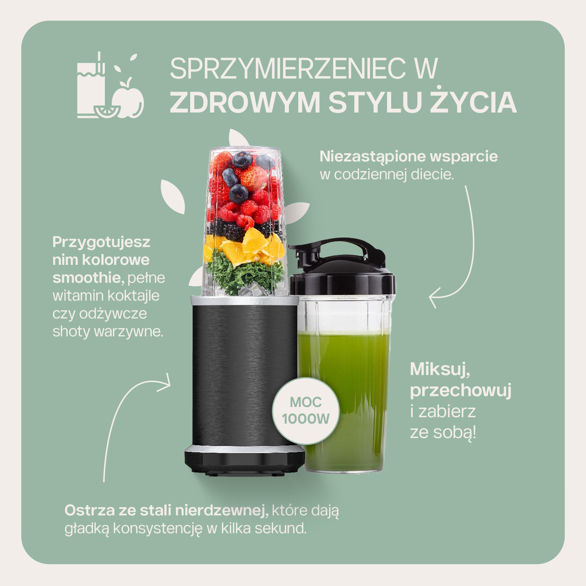 4Swiss Blender Kielichowy Kuchenny Mikser Elektryczny do Smoothie Koktajli Owoców Warzyw Mixer Małe AGD Wysokiej Mocy Wielofunkcyjny Lód Kruszenie Blendowanie Urządzenie Kuchenne – NB102 Czarny