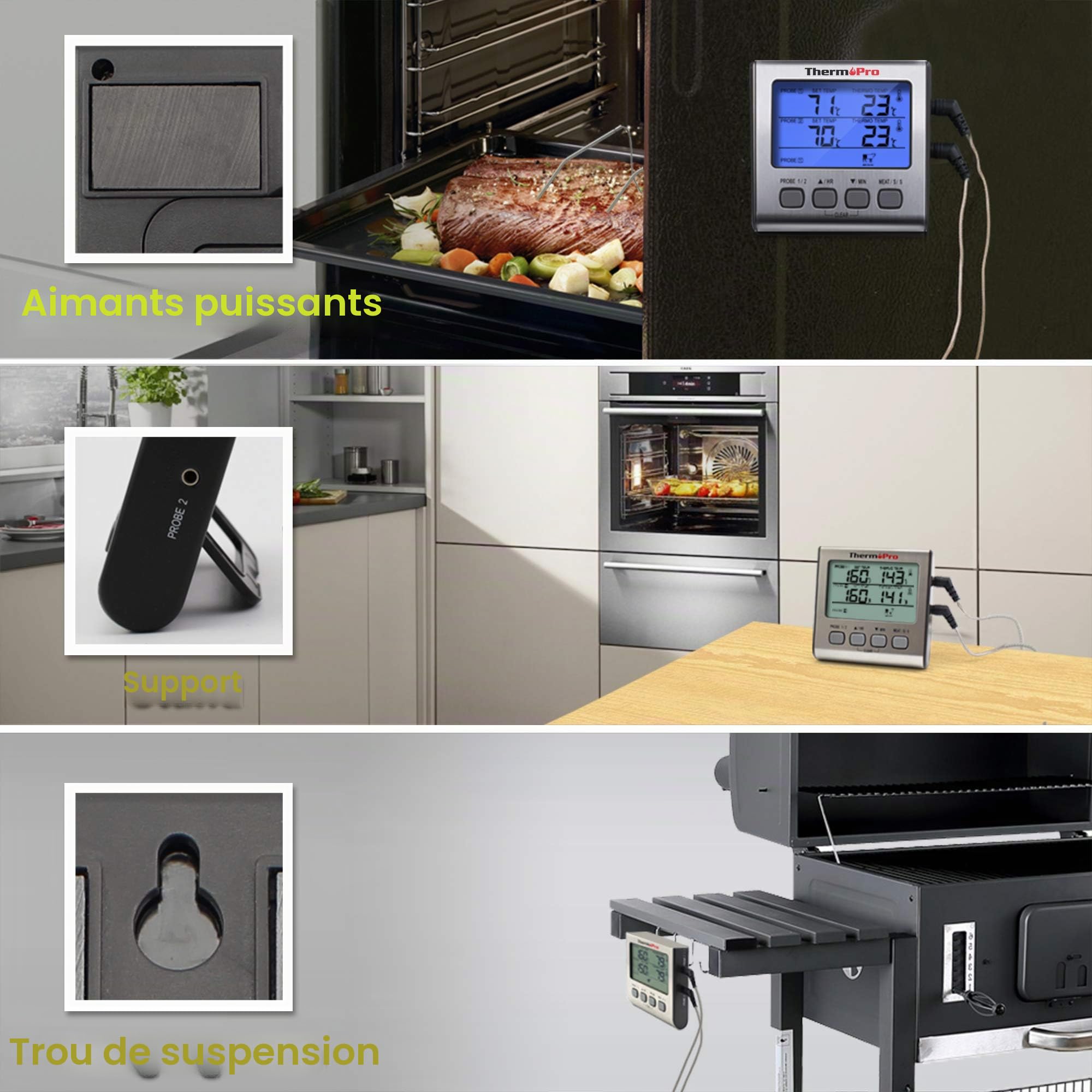 ThermoPro TP17 Thermomètre pour Viande Numérique Double Sonde Grand Écran LCD Rétroéclairé Cuisson Barbecue
