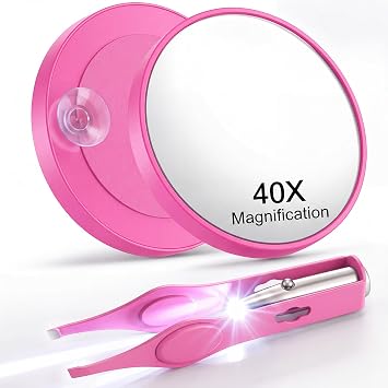 LED Lighted Tweezers & 40X Magnifying Mirror with Suction Cup Set, 2 in 1 No-Hands Makeup Mirror with Light and Precision Light Up TweezersPink
