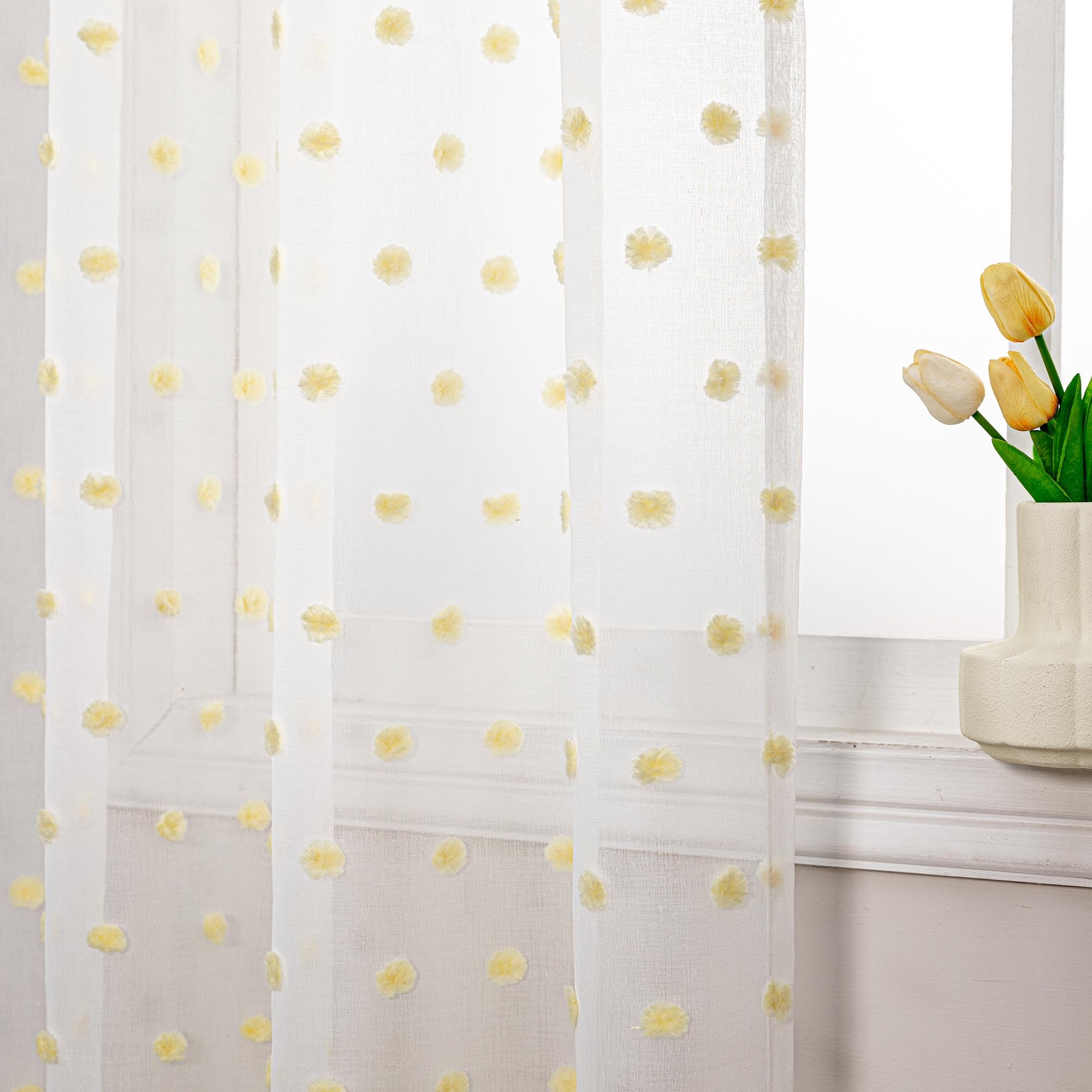 MYSKY HOME Curtains, Semi-Transparent, Yellow, Polka Dot, H 175 x W 140 cm, Set of 2, Nursery, W 55.1" x L 68.9" (2 Panels) - Image 2