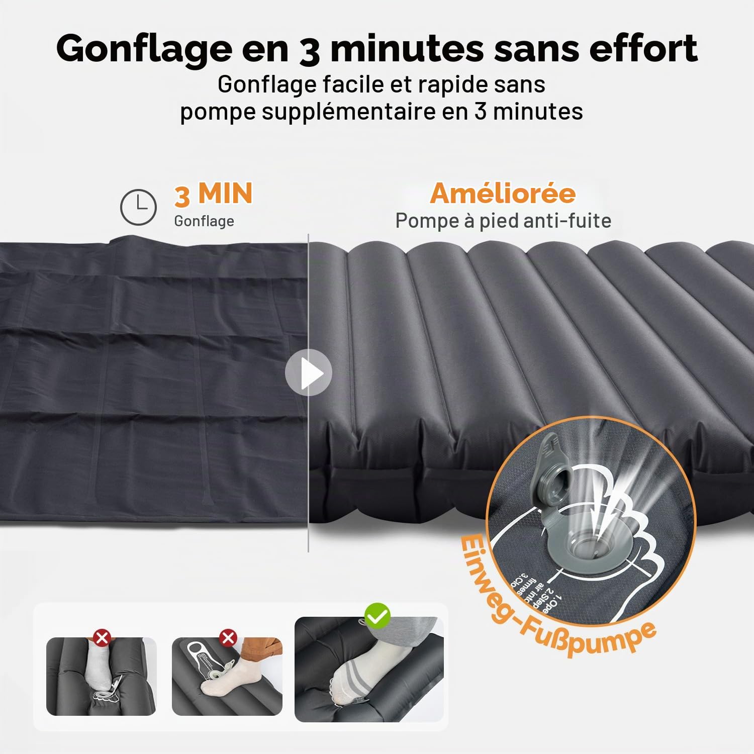 HIKENTURE Matelas gonflable pour 2 personnes, 10 cm, gris, avec pompe à | Matelas gonflable extra épais 120 x 200 cm, surface silencieuse, ultra léger et compact pour le camping, la randonnée