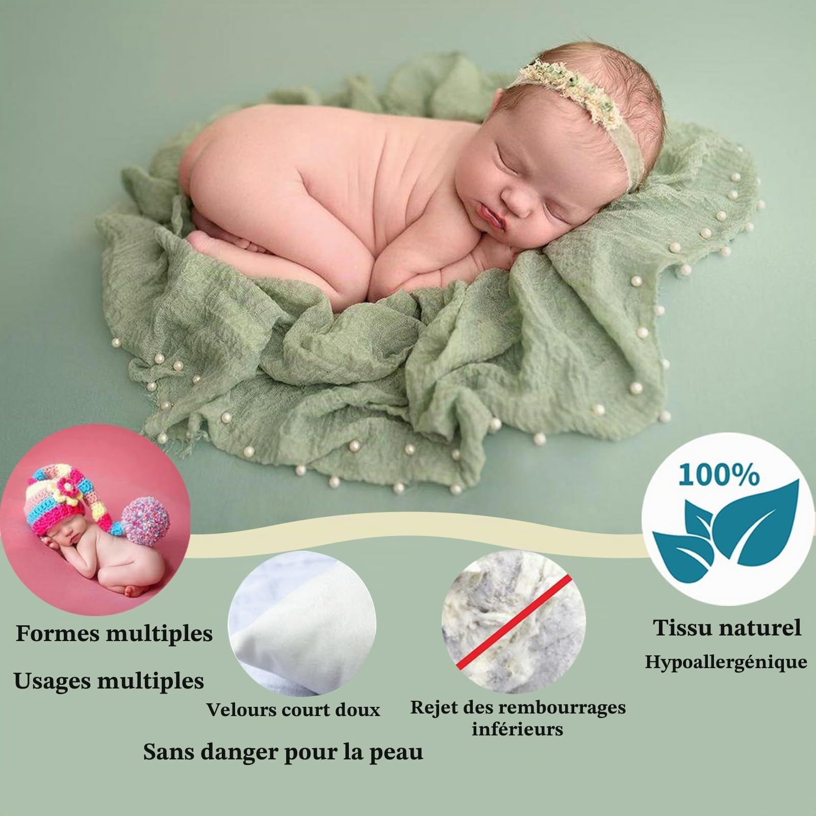 Lot de 4 Nouveau-Né Photographie Prop, Accessoires Photo pour Nouveau-Né, Panier de Photographie pour Bébé Enfant, 1 Donut Photo, 3 Coussins de Pose (Convient pour 0 à 2 Mois)