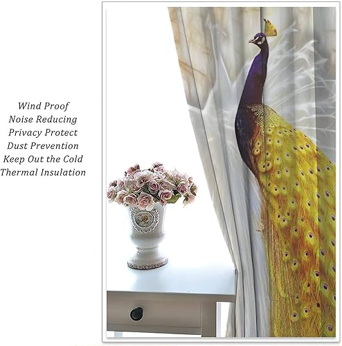 Miniatura 62 de Cortina opaca con estampado de pavo real, con estampado de animales retro, con bolsillo para cortinero y flores de peonía doradas, para dormitorio,