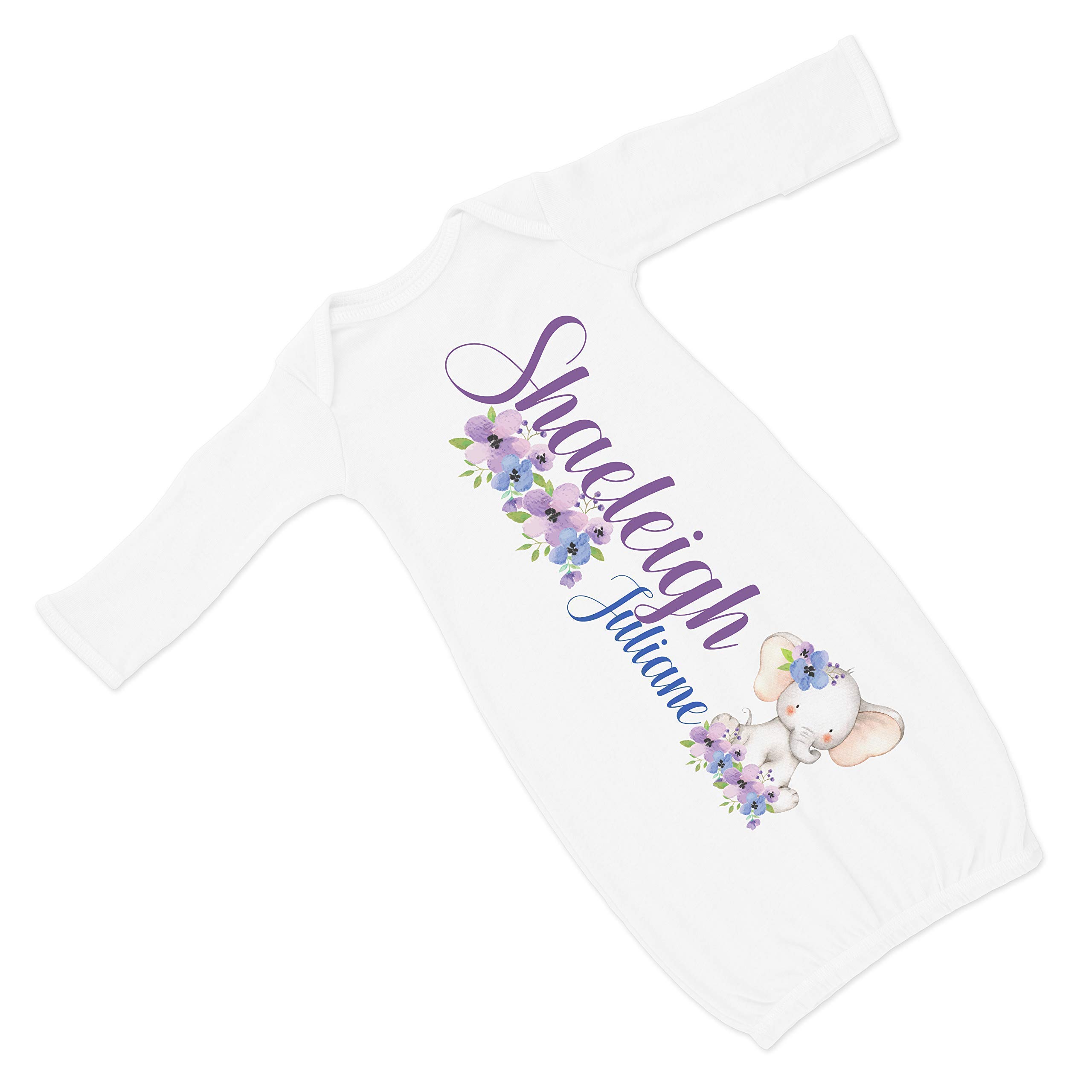 New Baby Girl's Printed White Elephant Personalized Infant Gown with Purple and Blue Coming Home Outfit