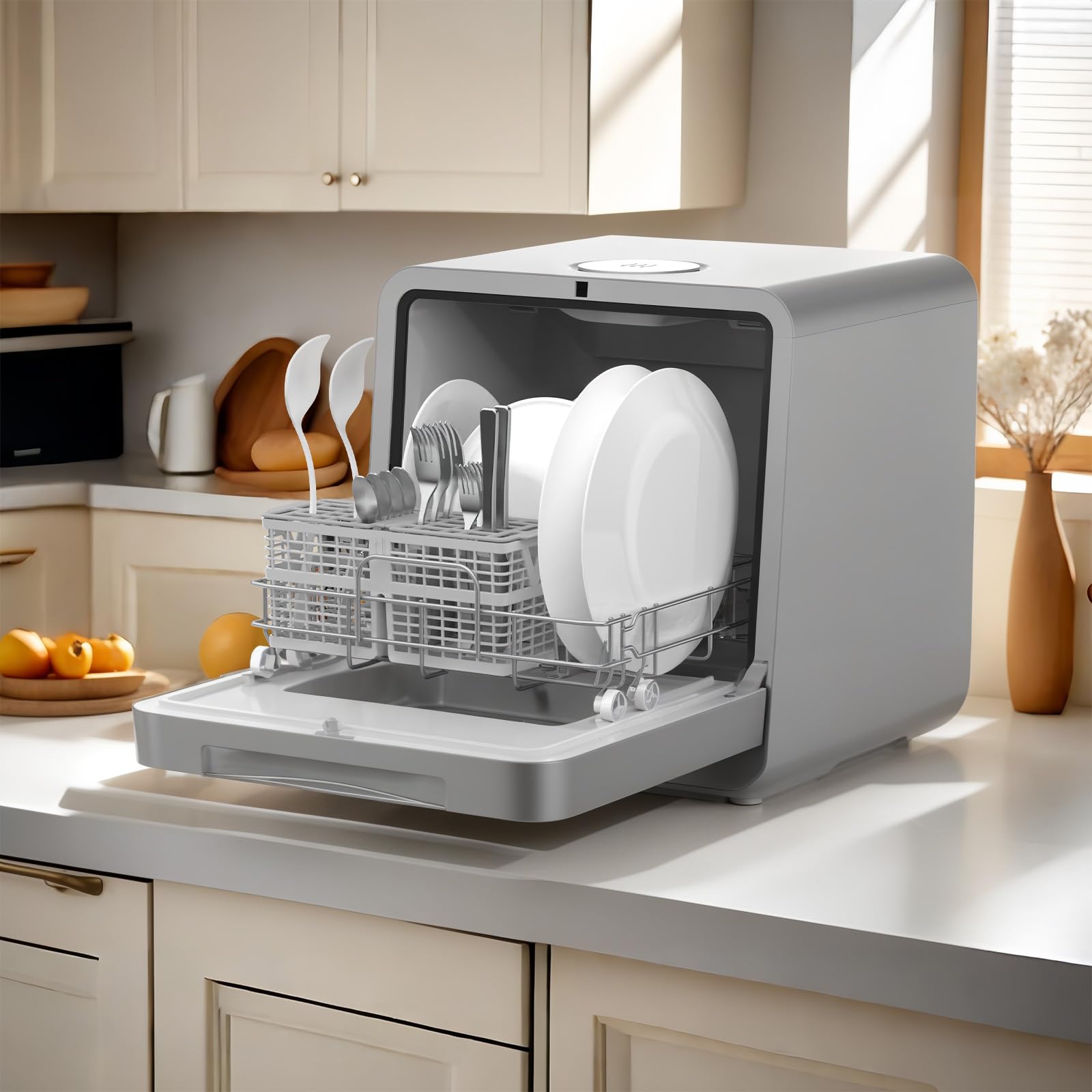 MoraRise Table Top Dishwasher, Mini Countertop Dishwasher with 7 Programs, Built-in 5L Water Tank, Dual Water Supply, 24H Delay, No Plumbing, Baby Care, Drying Cycle, Fruit Wash (Grey) — view 8