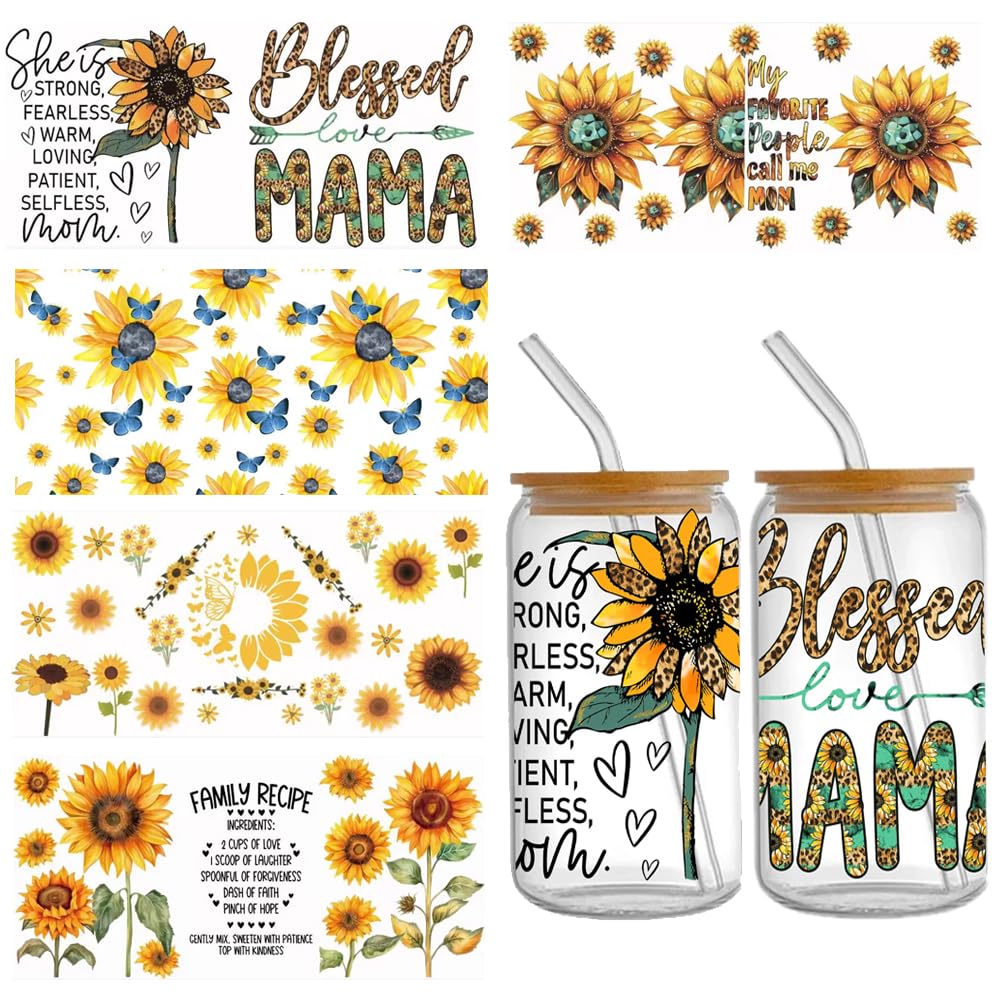 Gobelet en verre tournesol : autocollant UV DTF pour tasses à café