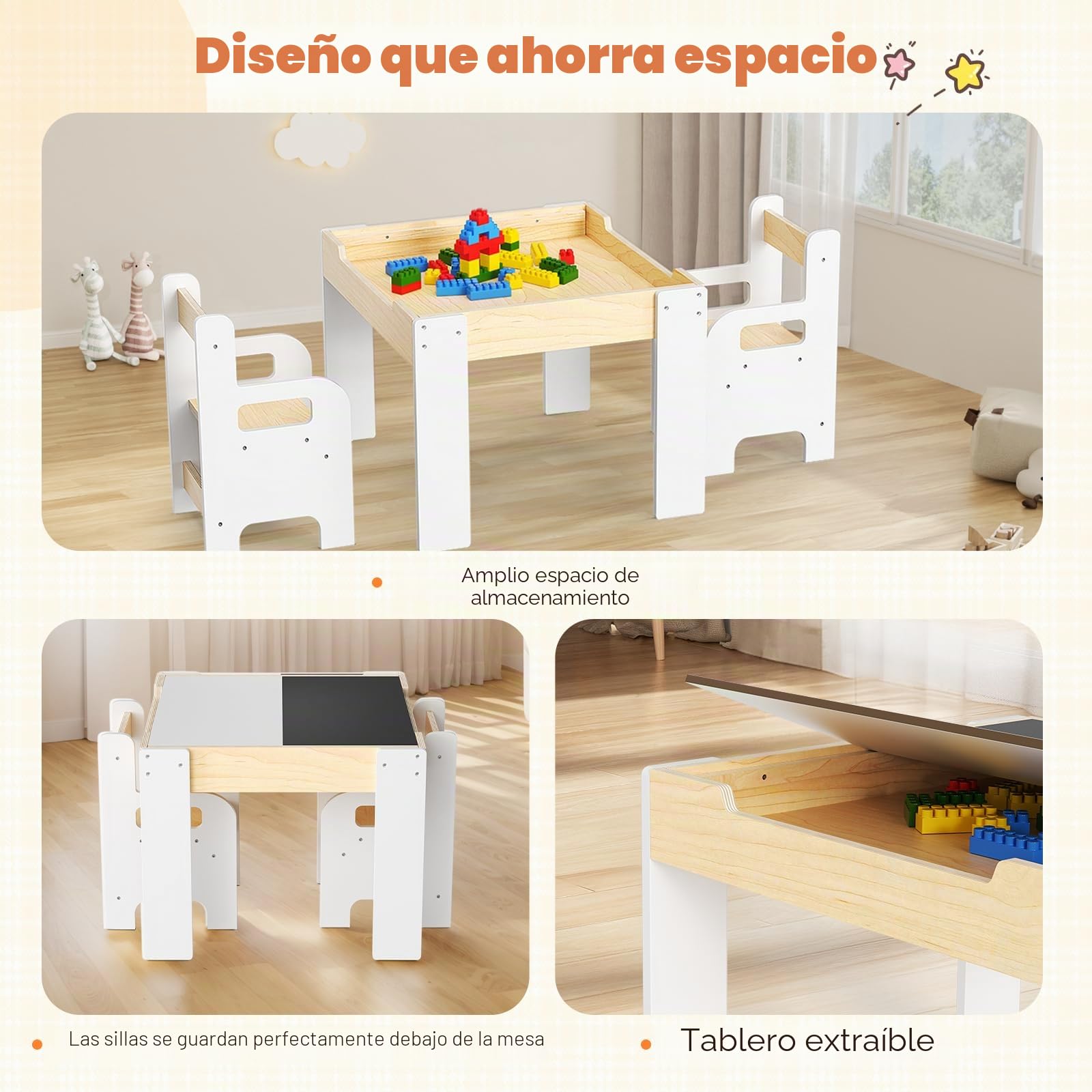 Juego de mesa y silla para niños, juego de mesa y silla de madera 5 en 1 para niños, doble superficie, construido para dibujar, leer y manualidades