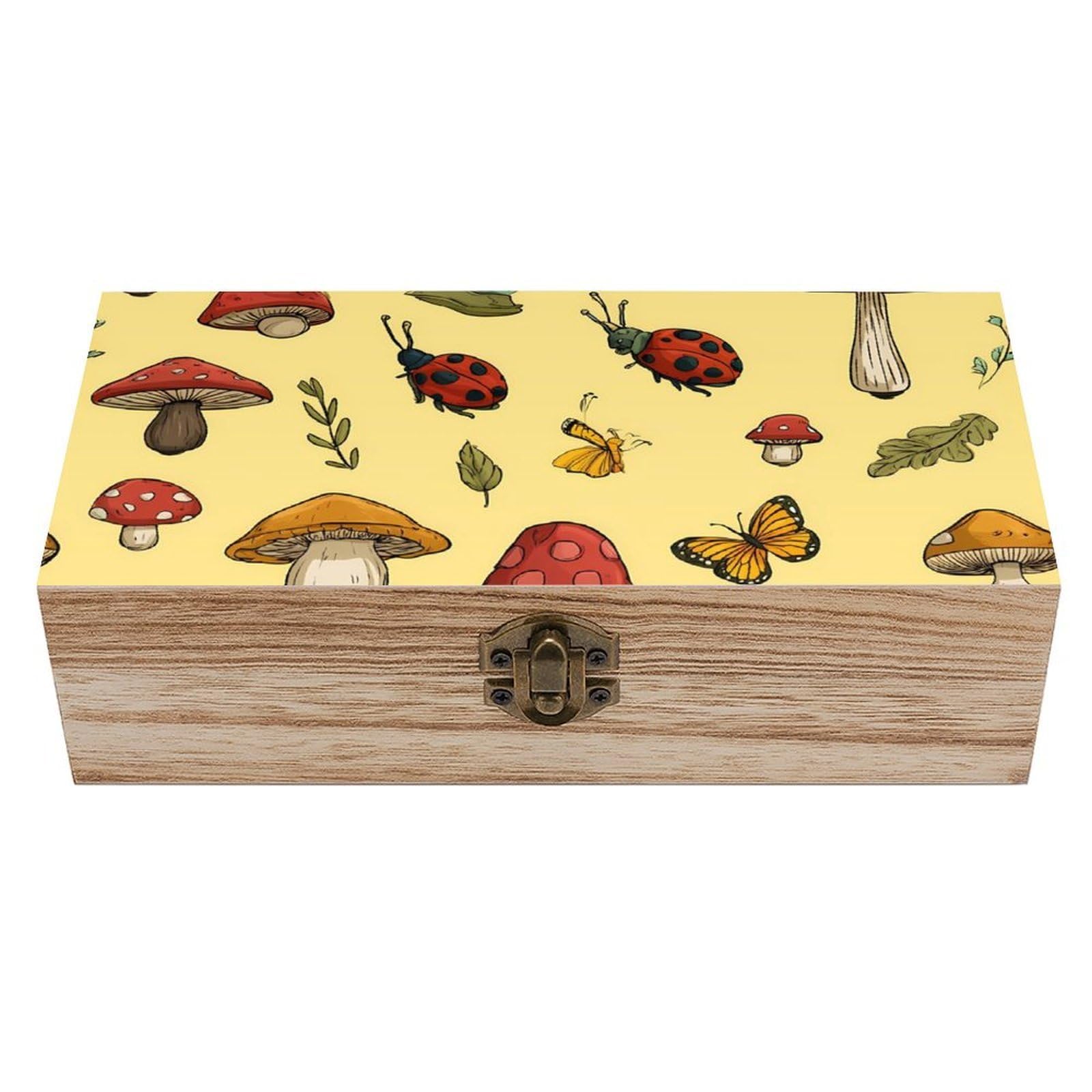 HLBSDM Autumn Plants Mushroom Butterfly Wooden Box with Hinged Lid Decorative Storage Case Container