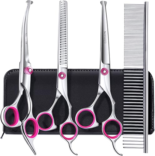 Gimars - Juego de tijeras profesionales para aseo de perros 4CR con punta redonda de seguridad, 5 en 1, con revestimiento de titanio resistente,