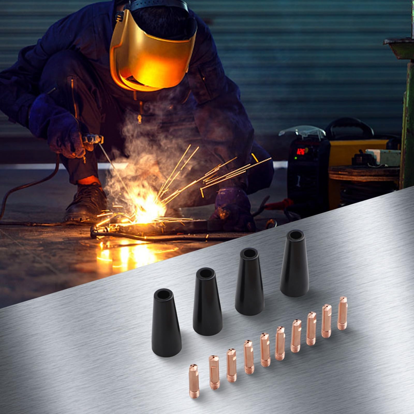 Punte per ugelli per saldatura MIG, design senza gas, compatibili con 14AK e 15AK, 4 ugelli con 10 punte in rame