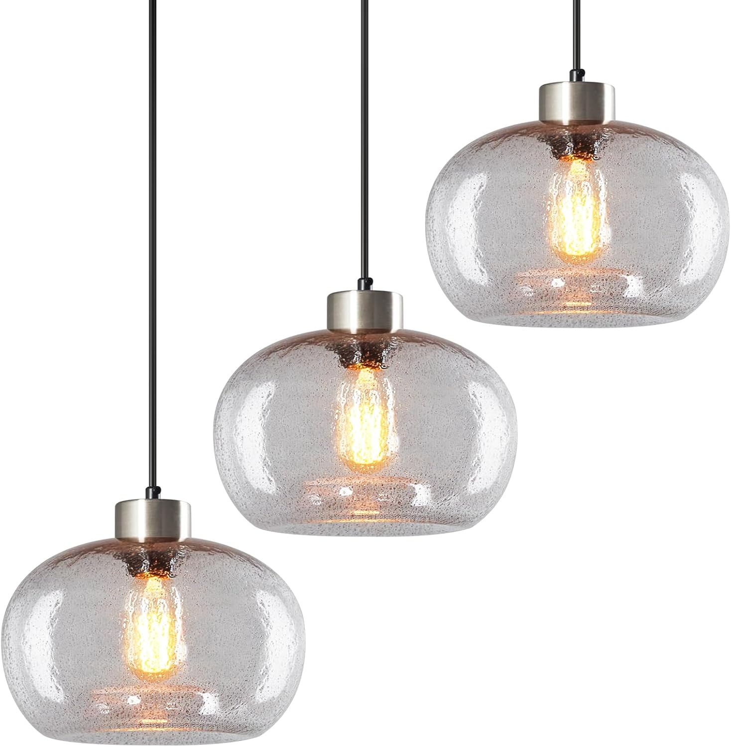 Blown Glass Pendant Lights Kitchen Island Modern Brushed Nickel Pendant Light Farmhouse Pendant Lighting for Dining Room Bedroom (Clear Smoke Gray 9.44 in 3 Pack) Clear Smoke Gray 3 pack 9.44 In